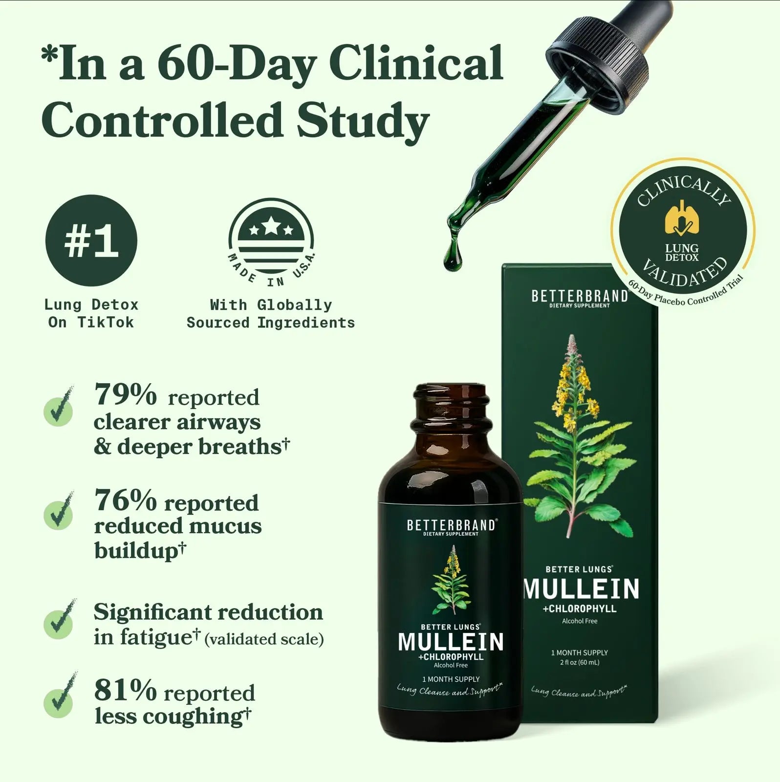 2-Piece Set Betterbrand Mullein Leaf & Chlorophyll Drops for Lung Detox & Mucus Cleanse - 30 Servings - Clinically Studied Natural Liquid Herbal Supplement for Respiratory Wellness