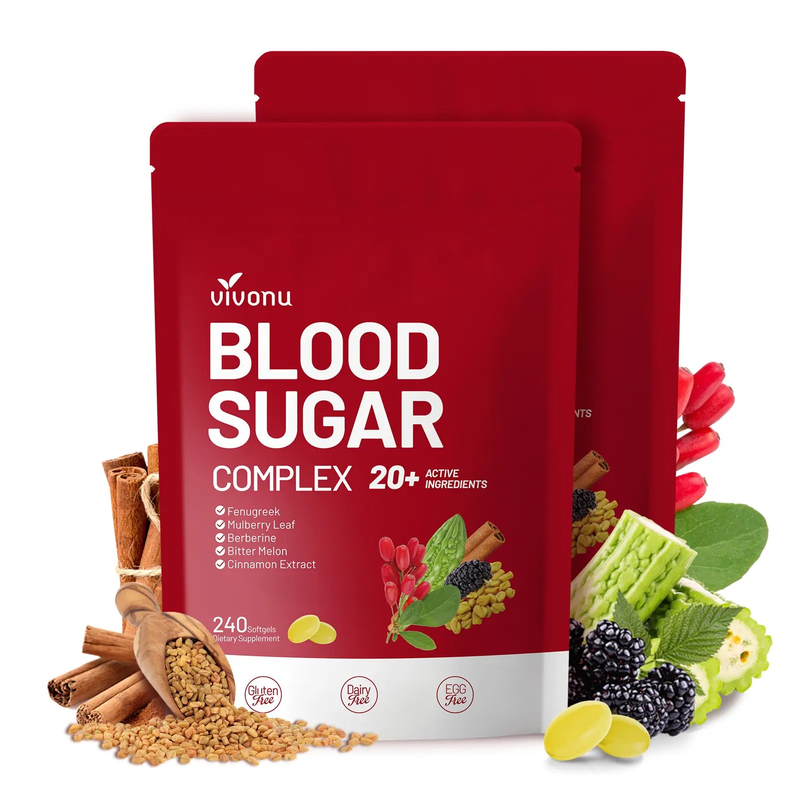 2-Piece Set VIVONU BLOOD SUGAR COMPLEX –Blood Sugar Balance | Antioxidant Support | Metabolic Support | Enhanced Absorption | Bitter Melon + Turmeric + Cinnamon + Mulberry Leaf + Berberine + Fenugreek | 240 Capsules per Bag mothersdaygift