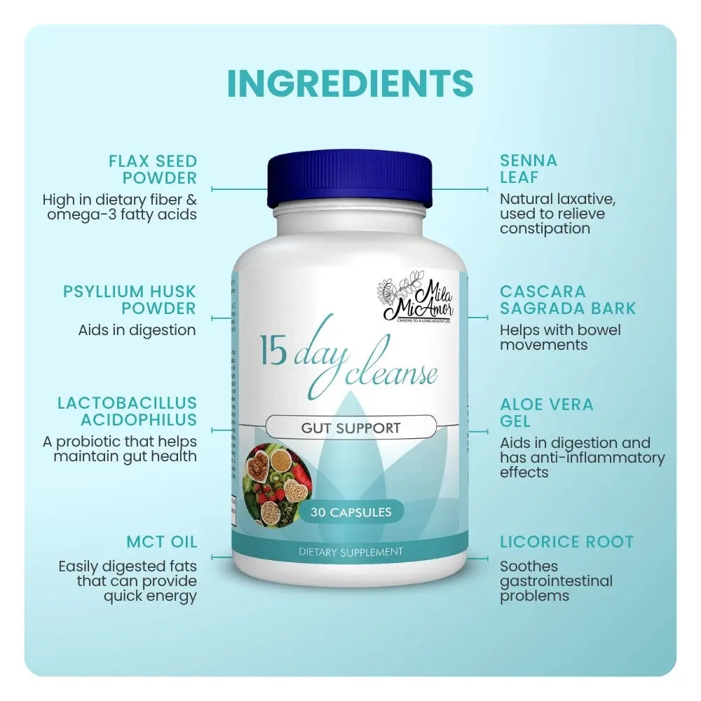 2-Piece Set 15 Day Cleanse - Gut and Colon Support | Caffeine Free | Advanced Formula with Senna, Cascara Sagrada, & Psyllium Husk | Non-GMO | 30 capsules