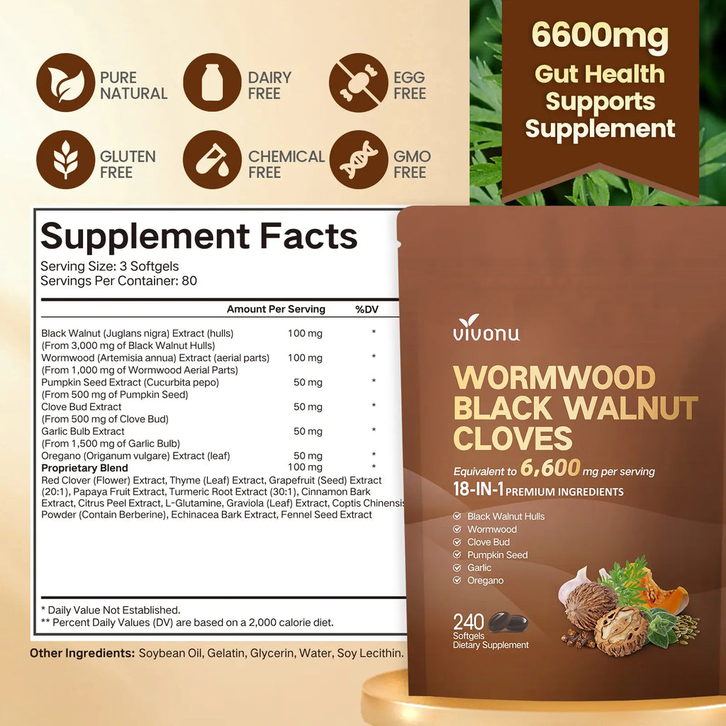2-Piece Set VIVONU Wormwood Black Walnut Cloves Capsules - Boost Metabolism & Enhance Energy | Contains Black Walnut, Garlic, Wormwood, and More | 240 Capsules (80-Day Supply)