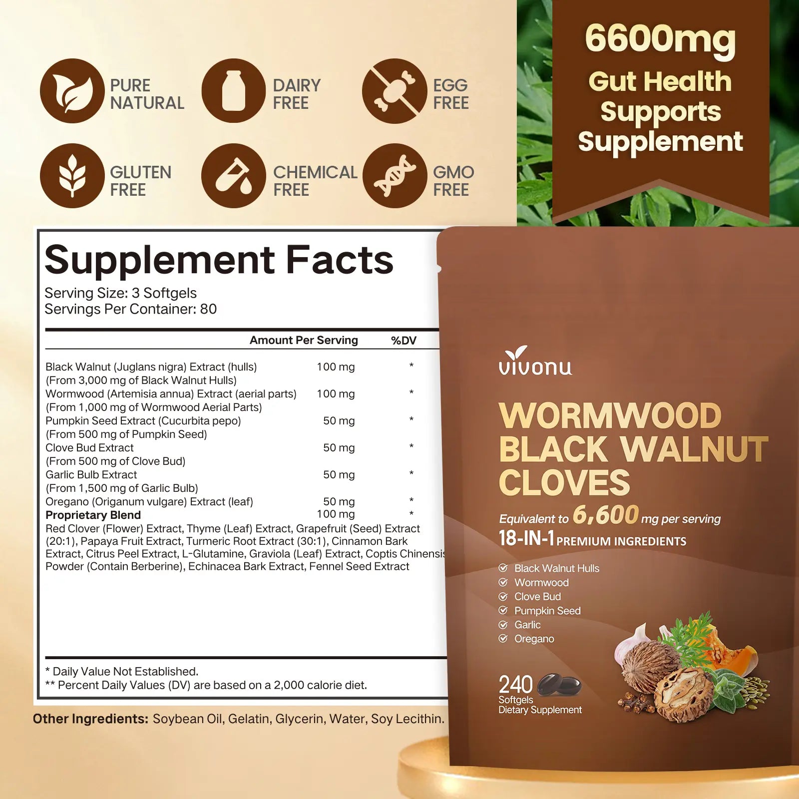 2-Piece Set VIVONU Wormwood Black Walnut Cloves Capsules - Boost Metabolism & Enhance Energy | Contains Black Walnut, Garlic, Wormwood, and More | 240 Capsules (80-Day Supply)