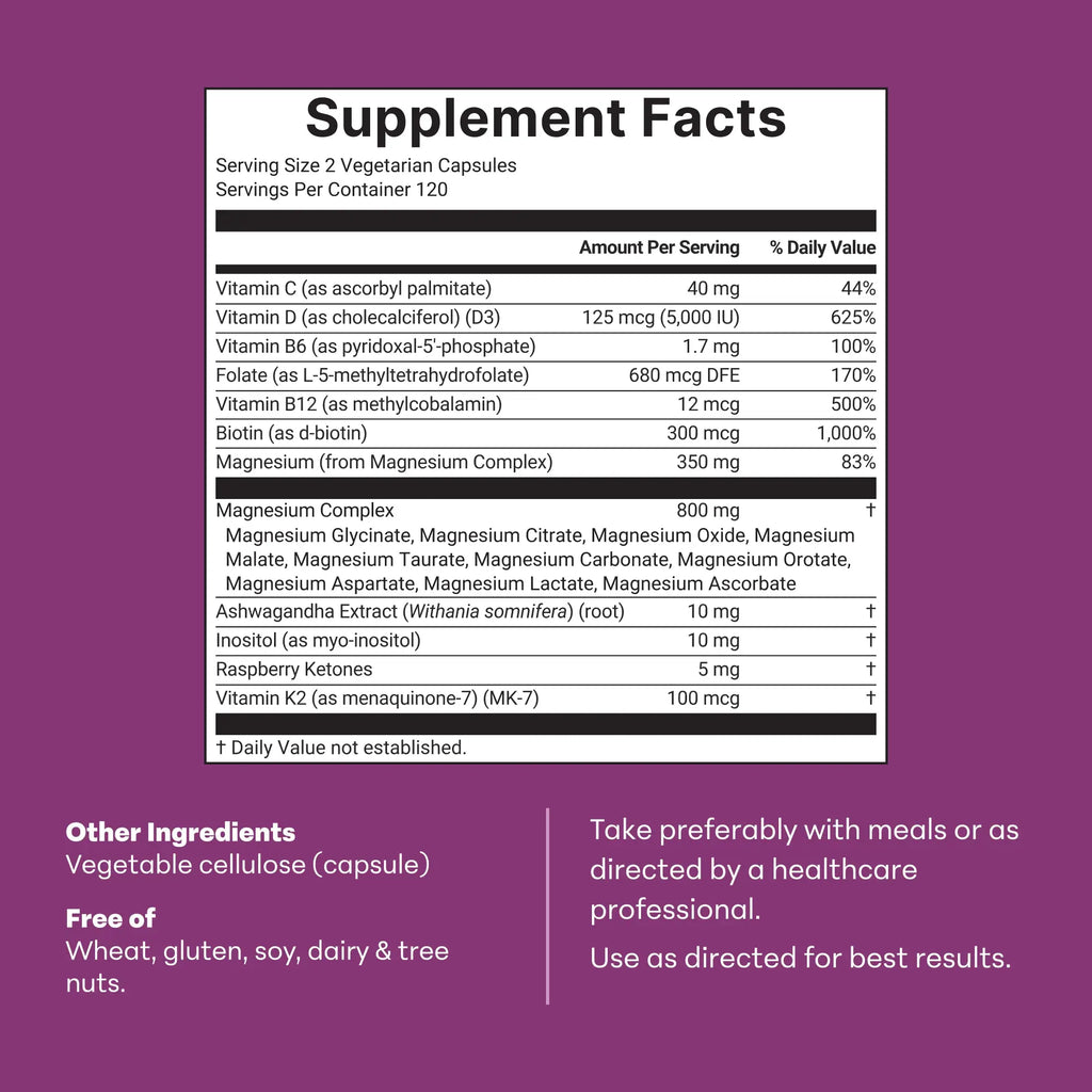 2-Piece Set Magnesium Complex for Women, 240 Vegetarian Capsules | 20-in-1 Formula - Magnesium Blend with Vitamin D3, K2, Ashwagandha & More | Filler Free, Non-GMO