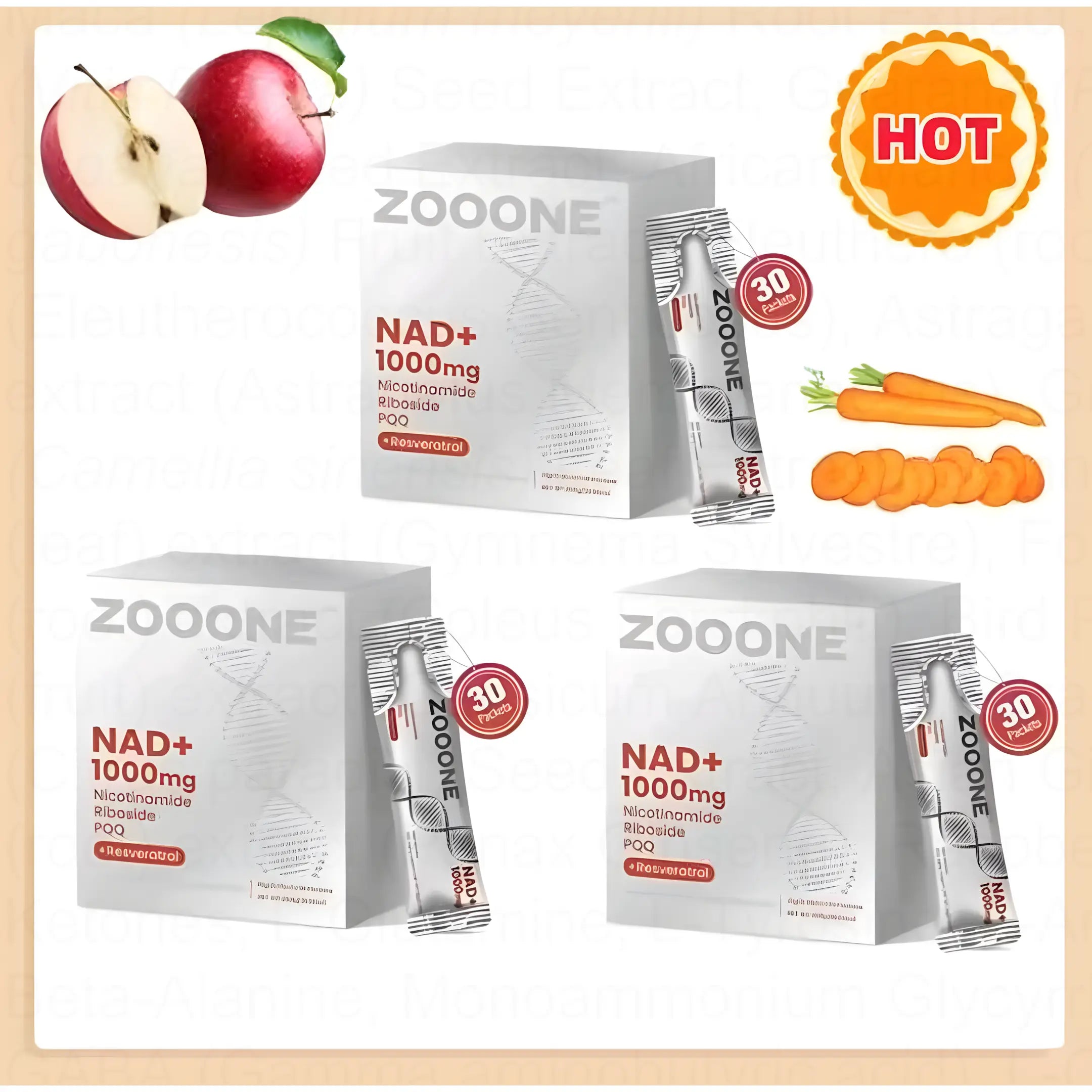2-Piece Set ZOOONE NAD+ Drink Mix 1000mg, Berry Flavor | Nicotinamide Riboside & Resveratrol Supplement, DNA Repair, Anti-Aging for Skin, Boost Cellular Energy & Focus, 30 Packets for Men & Women