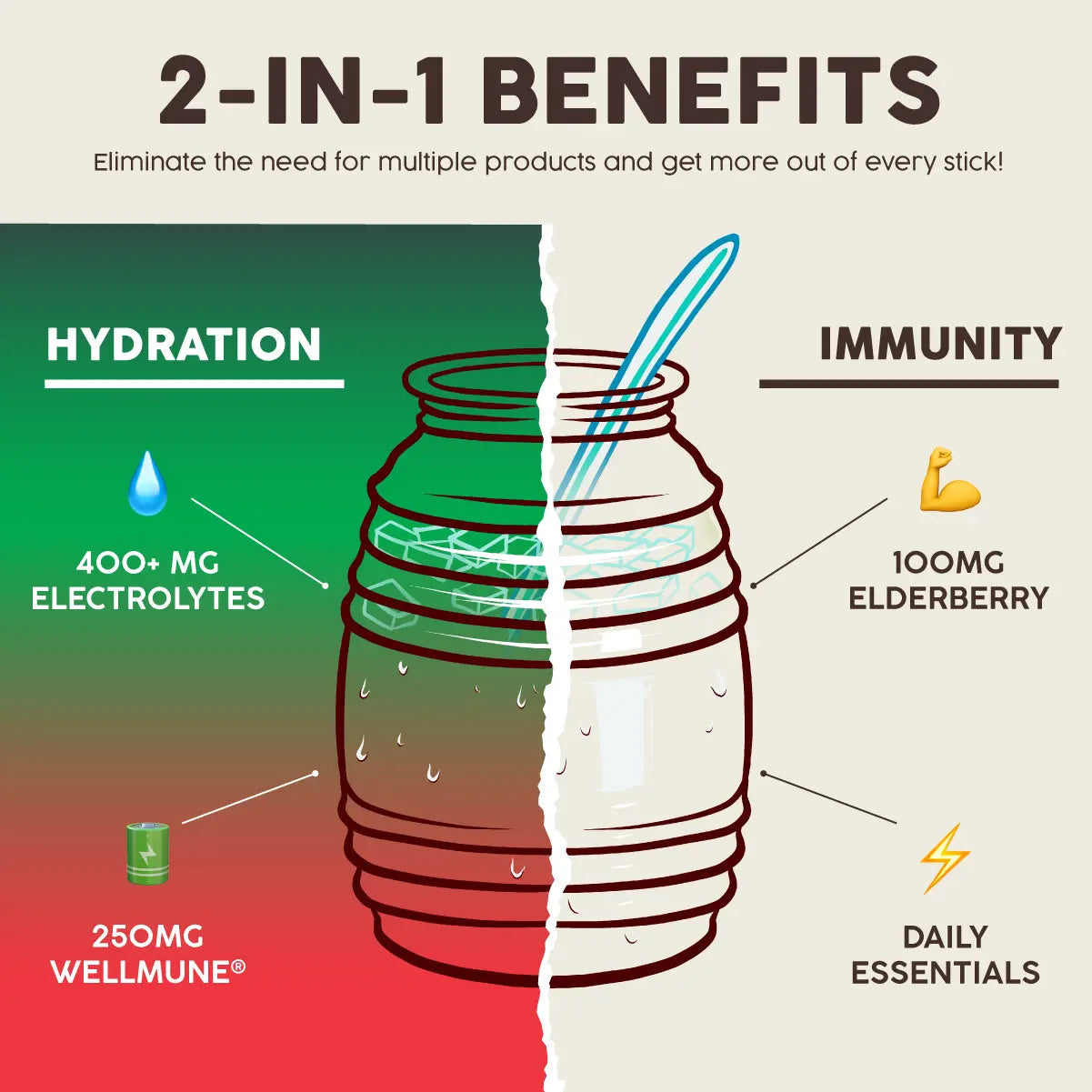 2-Piece Set 2-in-1 [Hydration + Immunity] Electrolytes, Immune Support, Dairy & Soy Free - 400mg Electrolytes, 250mg Wellmune, 100mg Elderberry - Healthcare, Vitamin (15 Servings), Coconut, Sugar