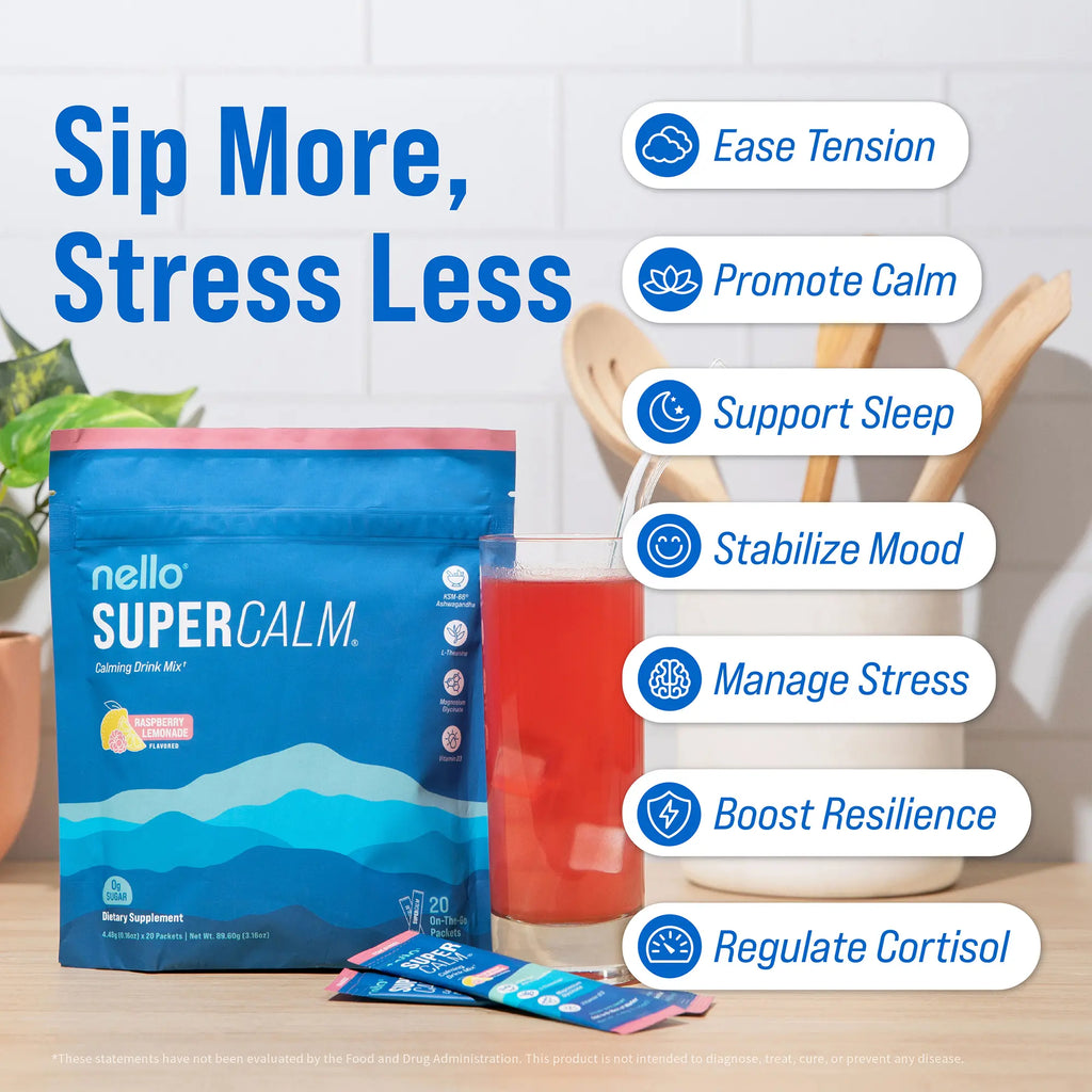 2-Piece Set Nello Supercalm Calming Drink Mix with KSM-66 Ashwagandha Vitamin D3 Magnesium & L-Theanine Supports Cortisol Balance Mood Sleep 20 Servings Travel Packets Dietary Supplement