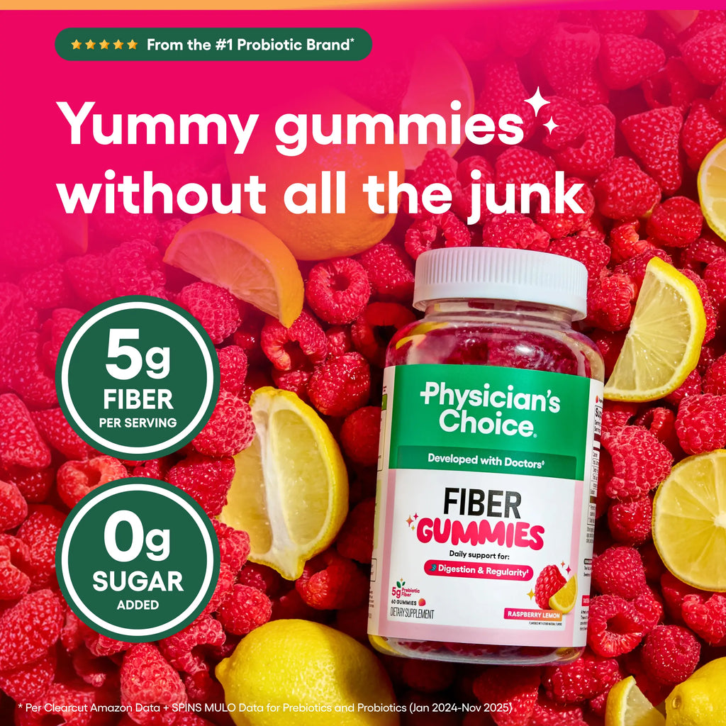 2-Piece Set Physician’s Choice Fiber Gummies for Digestive Health & Regularity - Raspberry Lemon Flavor - No Sugar Added & Vegan - Daily Gummy for Adults