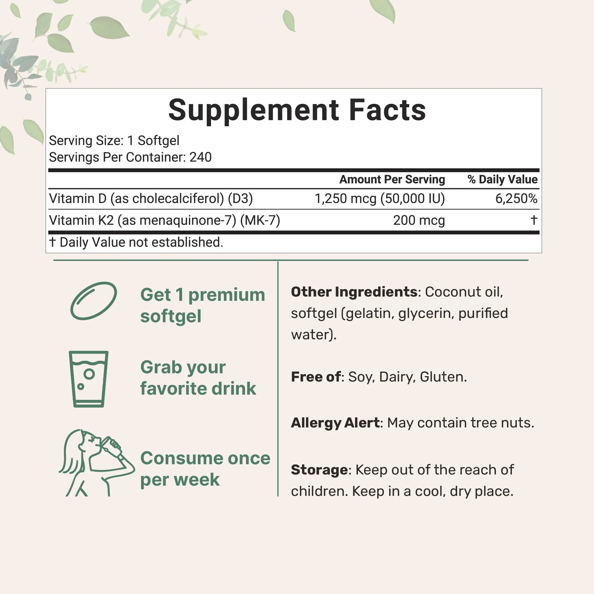 2-Piece Set Micro Ingredients Vitamin D3 K2 Supplement Softgels