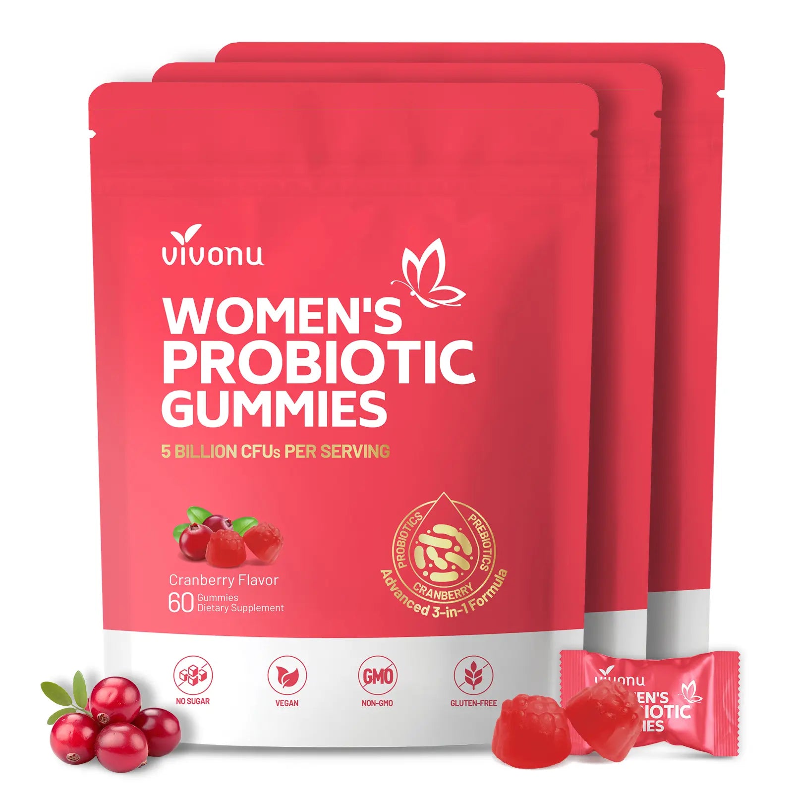 2-Piece Set Cranberry Probiotic Gummies | Targeting Body Odor, Women's Health, and Body Balance | Vegan (60 Gummies per Pack) SummerVibes