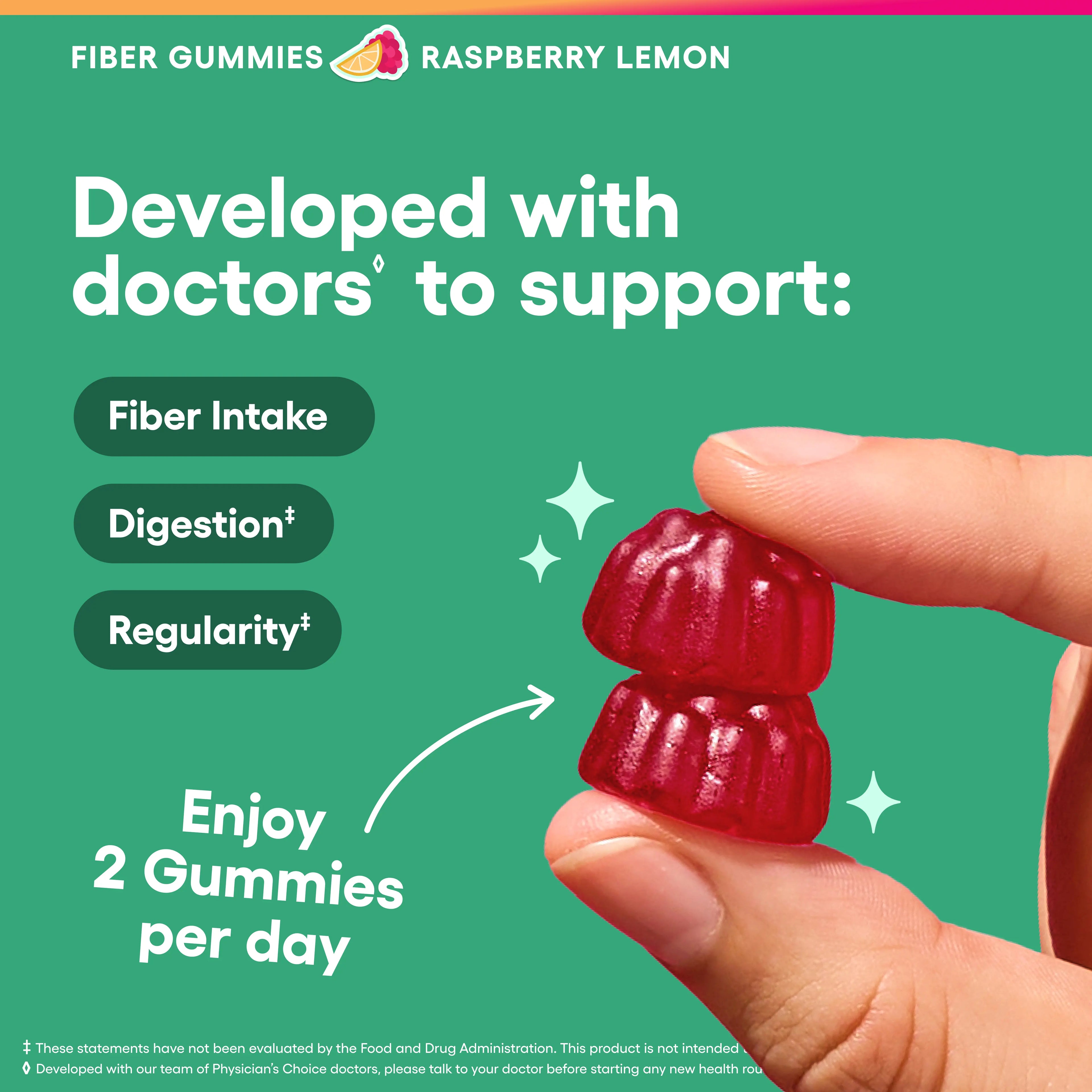 2-Piece Set Physician’s Choice Fiber Gummies for Digestive Health & Regularity - Raspberry Lemon Flavor - No Sugar Added & Vegan - Daily Gummy for Adults