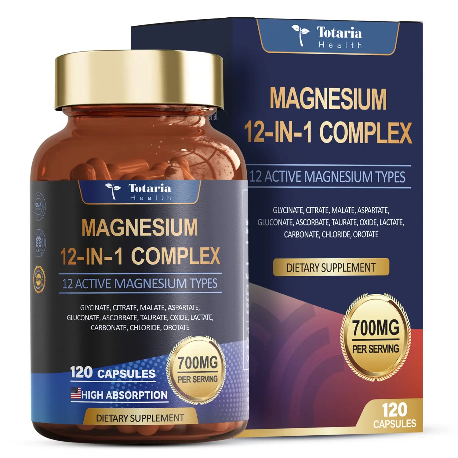 2-Piece Set Totaria 12-in-1 Magnesium Complex 700mg - Supplement with Glycinate Citrate Malate Oxide Taurate Aspartate Orotate, Vegan Capsules for Muscle, Heart, and Relaxation Support