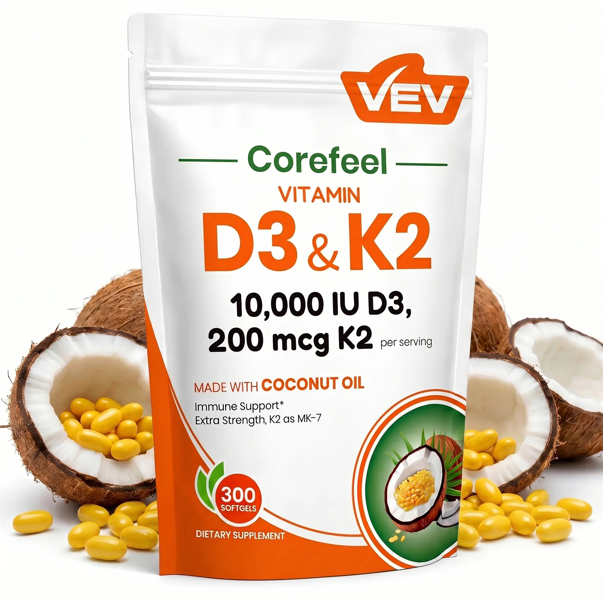 2-Piece Set VEV Corefeel Vitamin D3 K2 10000 IU, 300 Virgin Coconut Oil Softgels, 2 in 1 Vitamins Supplement D & K, Dietary Supplemental Pack, Mothersdaygift, Summervibes