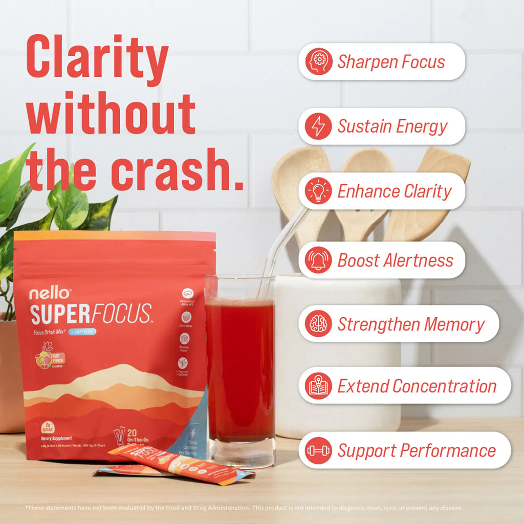 2-Piece Set Nello Superfocus – Nootropic Drink Mix with Lion’s Mane, Rhodiola & Alpha-GPC – Supports Memory, Brain Health & Mental Stamina, Enhances Clarity & Sharpness, Helps Fight Brain Fog – Travel Packets (20 Servings) Healthcare Convenient