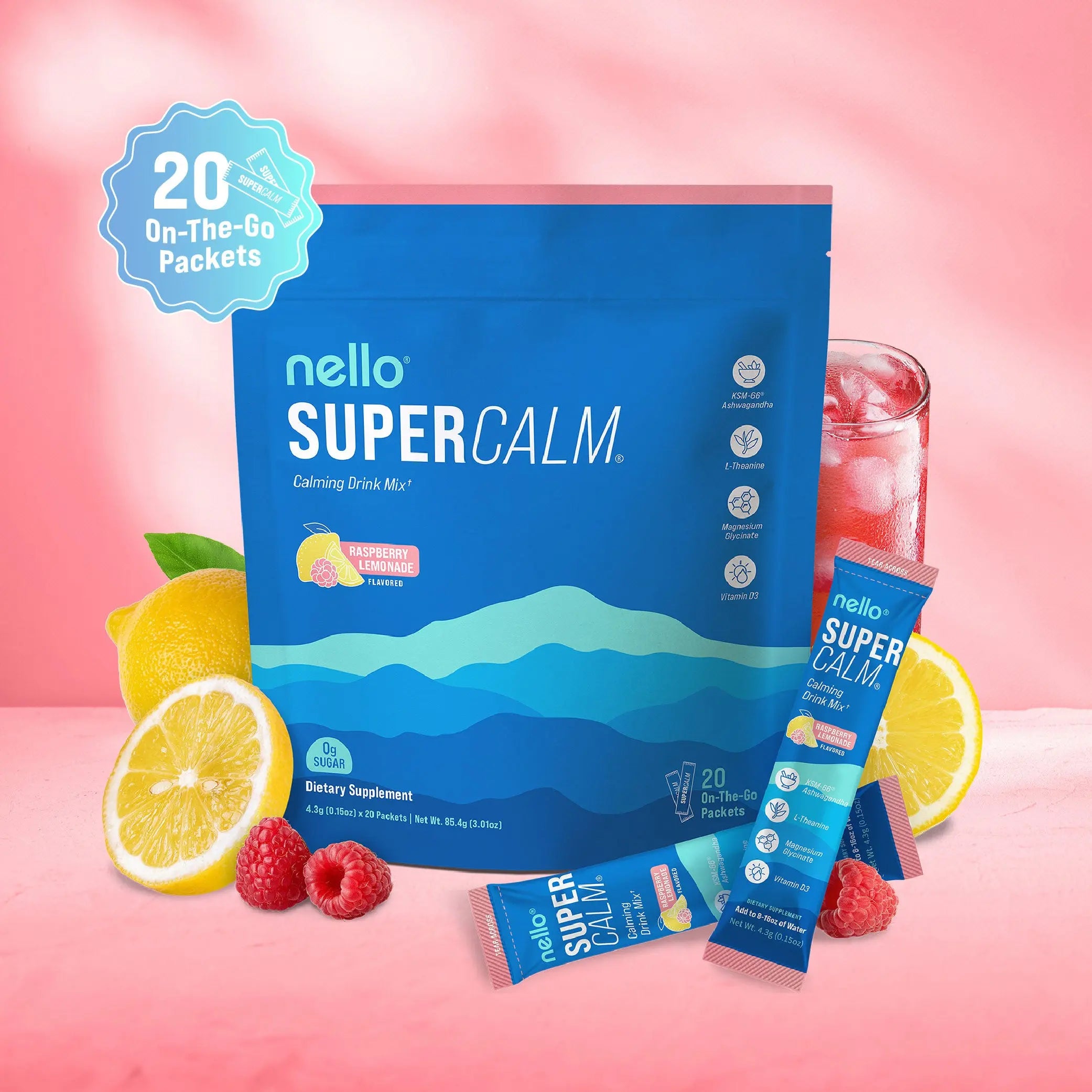2-Piece Set Nello Supercalm Calming Drink Mix with KSM-66 Ashwagandha Vitamin D3 Magnesium & L-Theanine Supports Cortisol Balance Mood Sleep 20 Servings Travel Packets Dietary Supplement