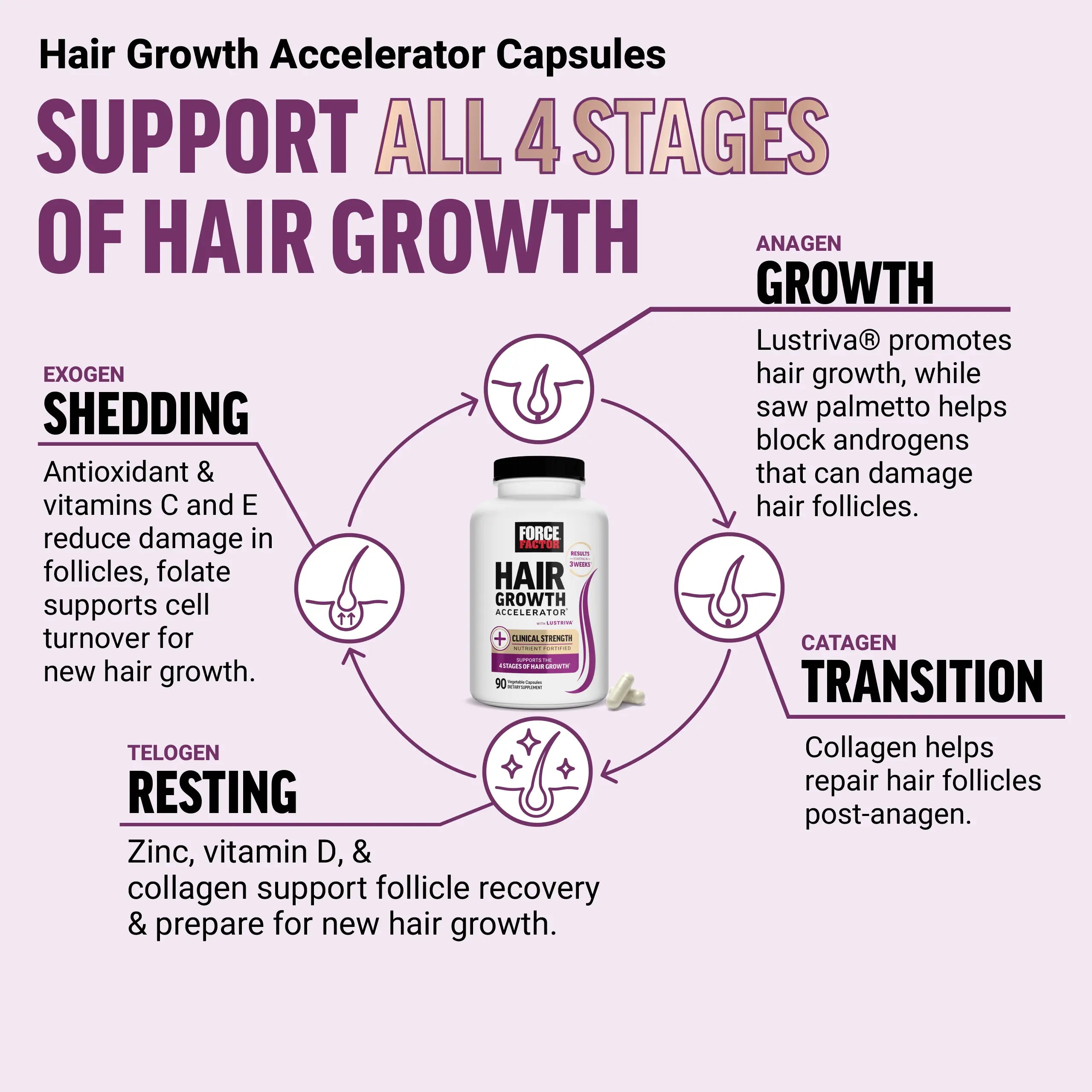 2-Piece Set Force Factor Hair Growth Accelerator with Clinically Studied Lustriva to Promote Thicker, Stronger Hair, Biotin, Vitamin E & C, Mixed Berry, Soft Chew or Capsule