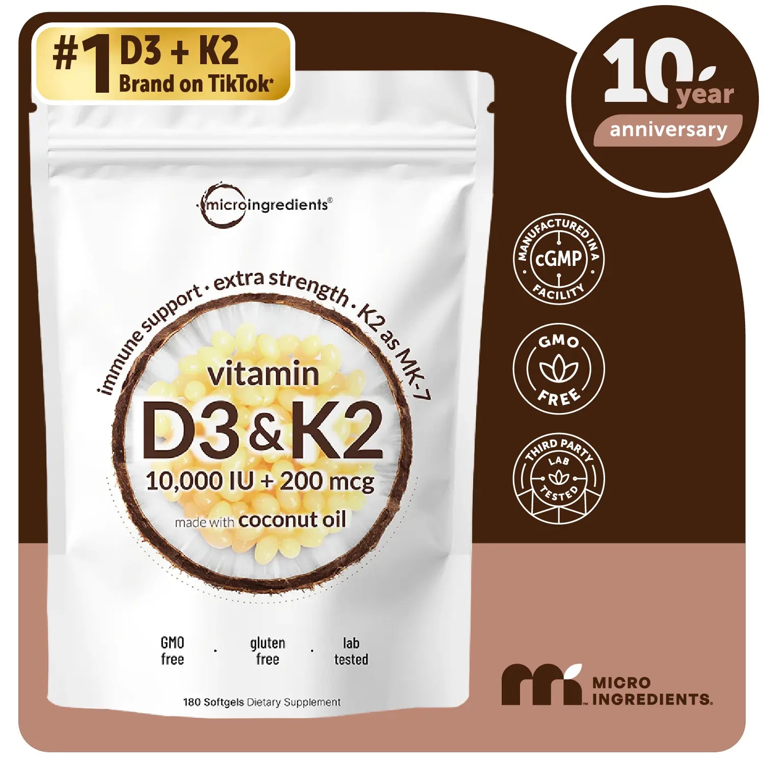 2-Piece Set Micro Ingredients Vitamin D3 K2 Supplement Softgels