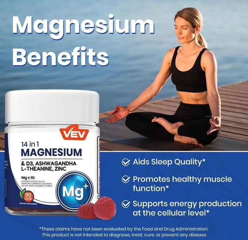 2-Piece Set VEV 14-in-1 Magnesium Gummies | Ashwagandha + L-Theanine + Vitamin D3 + Zinc | Sleep Support, Stress Relief & Immune Boost | Non-GMO, No Artificial Flavors | Adult Daily Gummy