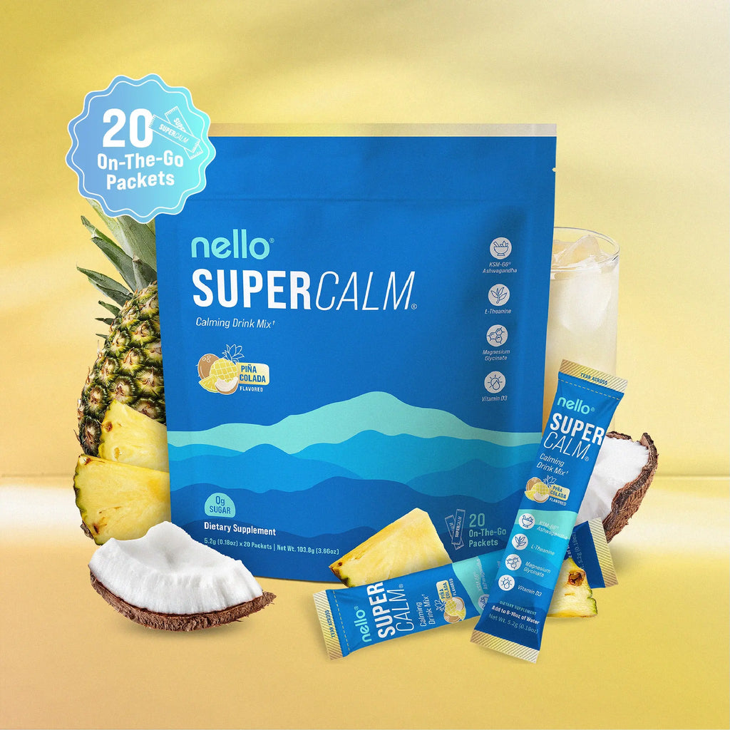 2-Piece Set Nello Supercalm Calming Drink Mix with KSM-66 Ashwagandha Vitamin D3 Magnesium & L-Theanine Supports Cortisol Balance Mood Sleep 20 Servings Travel Packets Dietary Supplement