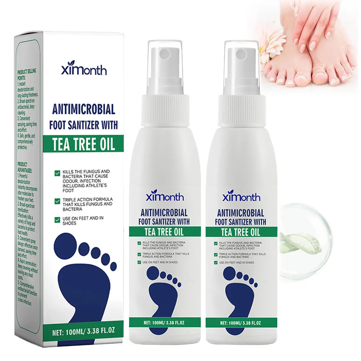 2-Piece Set (3 bottles)Tea Tree Oil Foot Spray - Plantar Moisturizing Deodorant for Odor Control & Dry Feet Care, Natural Foot Sanitizer with Antifungal Properties,Ximonth Clear Foot Sanitizer Spray,for Foot & Shoe Freshness