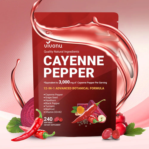 2-Piece Set Cayenne Pepper Softgels Supplement, Supports Leg Vein, Heart and Blood Vessel Health, with Vitamin E D3+K2 and Extracts of Grape Seed, Hawthorn, Beetroot and Others (240 Softge /1 Bag)