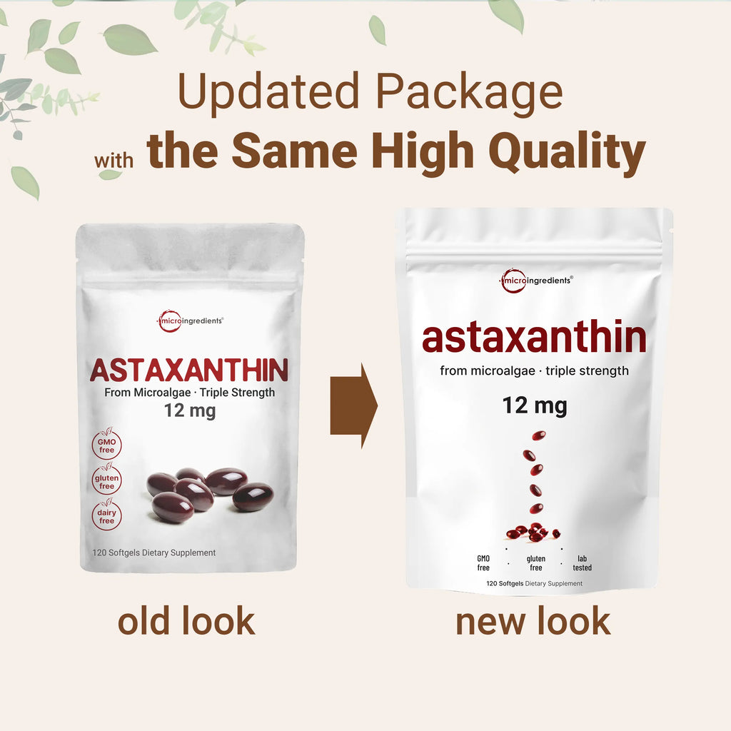 2-Piece Set Micro Ingredients Astaxanthin 12mg, 120 softgels, tanning pills, Strength Carotenoids Skin Supplement w. 100%25 Natural Astaxanthin from MicroAlgae
