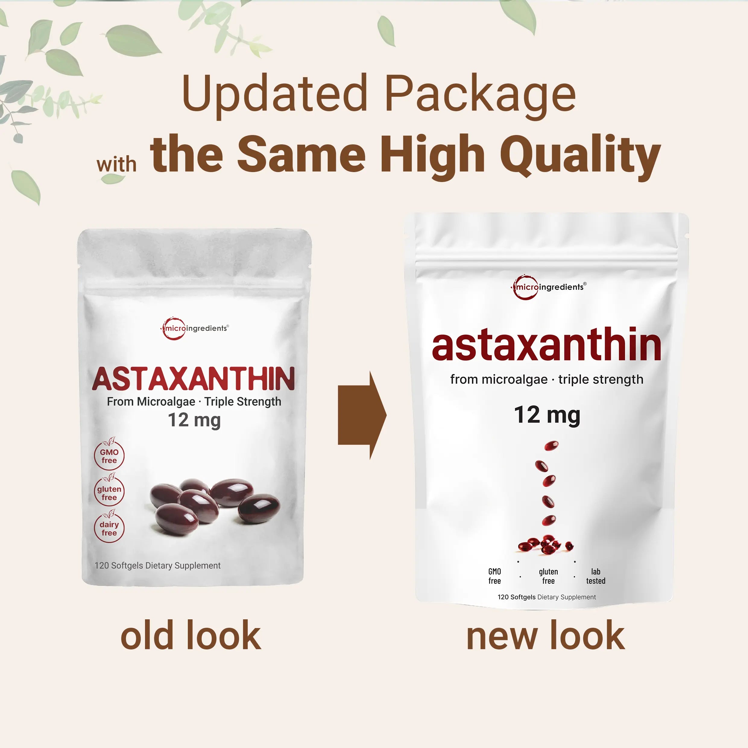2-Piece Set Micro Ingredients Astaxanthin 12mg, 120 softgels, tanning pills, Strength Carotenoids Skin Supplement w. 100%25 Natural Astaxanthin from MicroAlgae