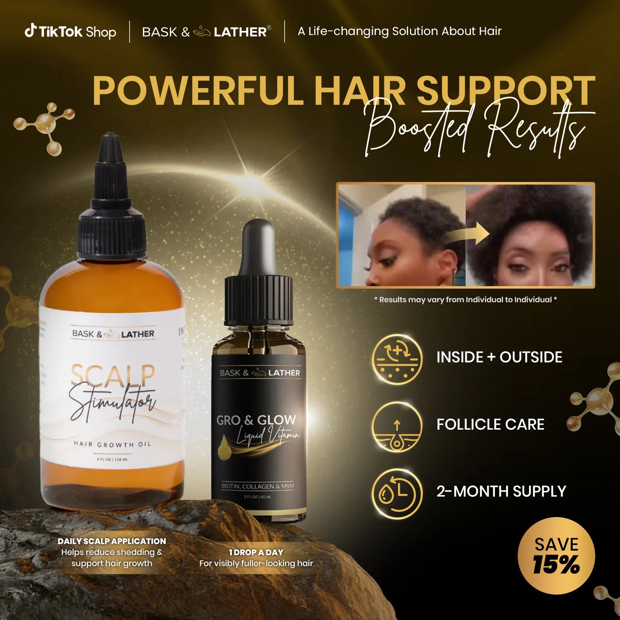 2-Piece Set BASK AND LATHER Scalp Stimulator Hair Growth Oil - Lightweight Rosemary & Mint Blend for Thicker, Fuller Hair, Alopecia Support & Hair Regrowth