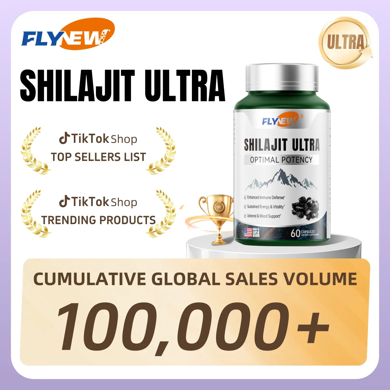 2-Piece Set FLYNEW Optimal Potency | Shilajit Ultra | Adaptogen Energy Stamina Immune Antioxidants | Made in USA | 60 Capsules