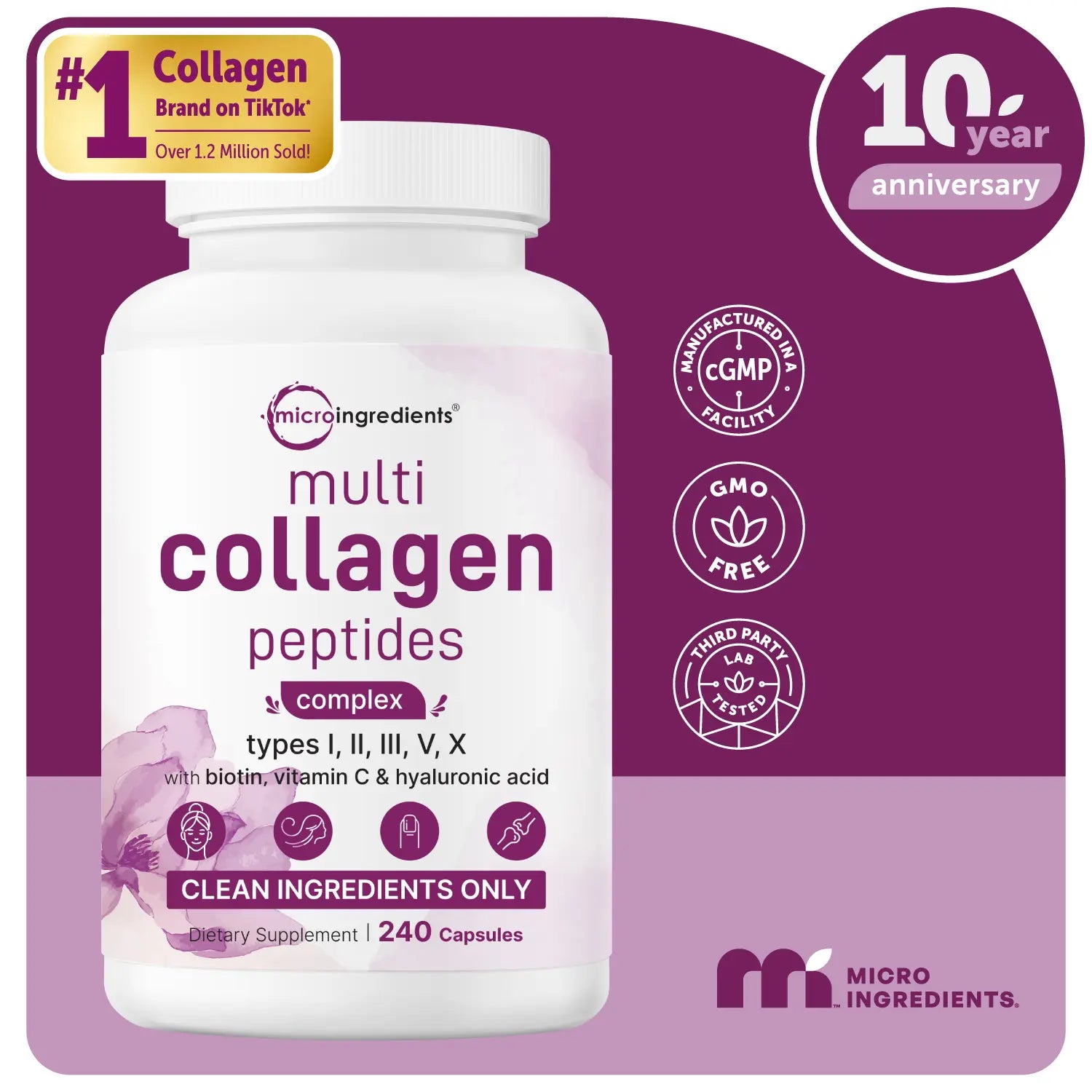 2-Piece Set Micro Ingredients Multi Collagen Complex, 240 Capsules