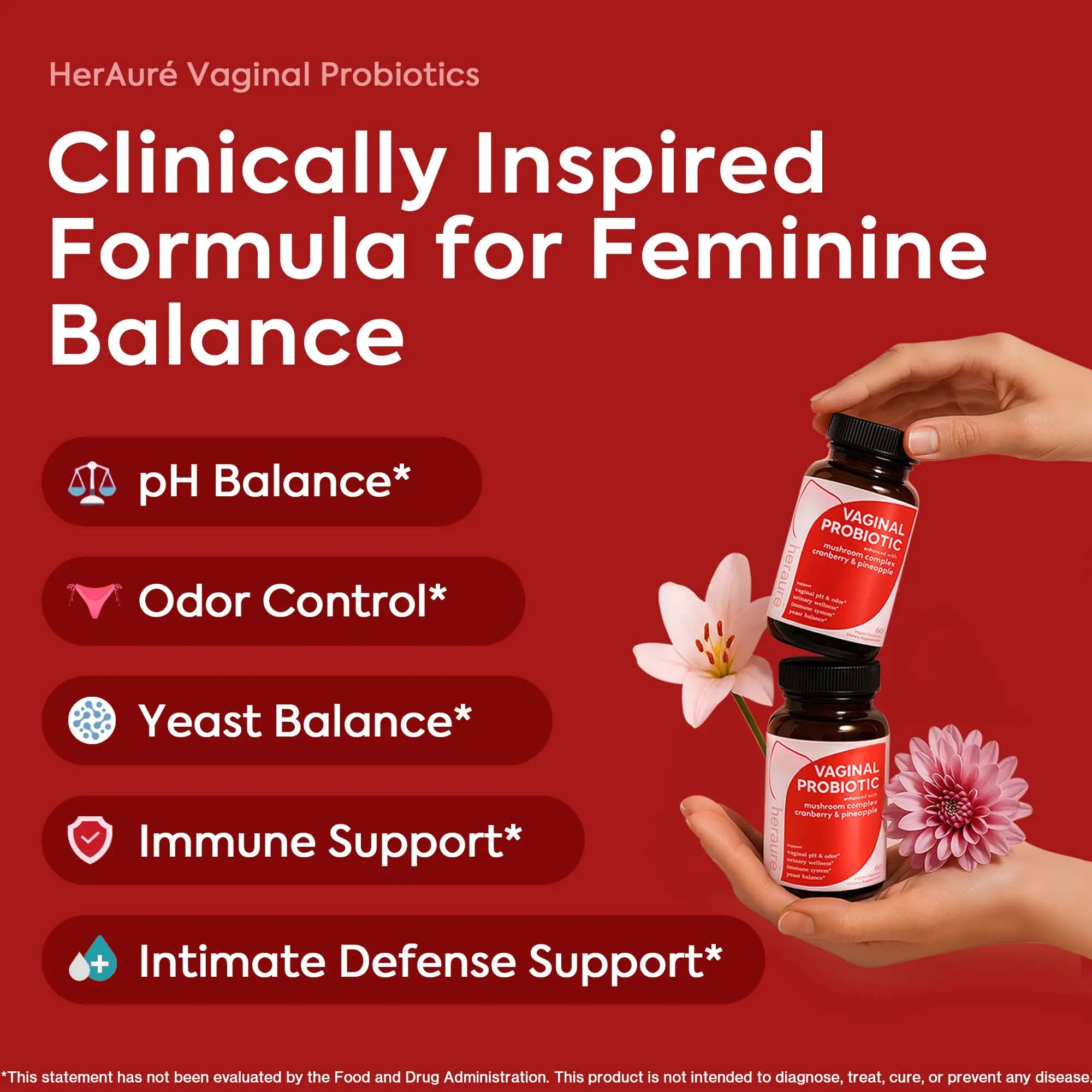 2-Piece Set HerAuré Women’s Probiotics - pH Balance, Odor Control, Flora Health, Moistening, Tightening - With 7 Billion CFU Probiotic, Prebiotic, 7-in-1 Mushroom Blend, Cranberry, Pineapple - 60 Capsules (Pack of 1), Self-Care Gift,mothersdaygift