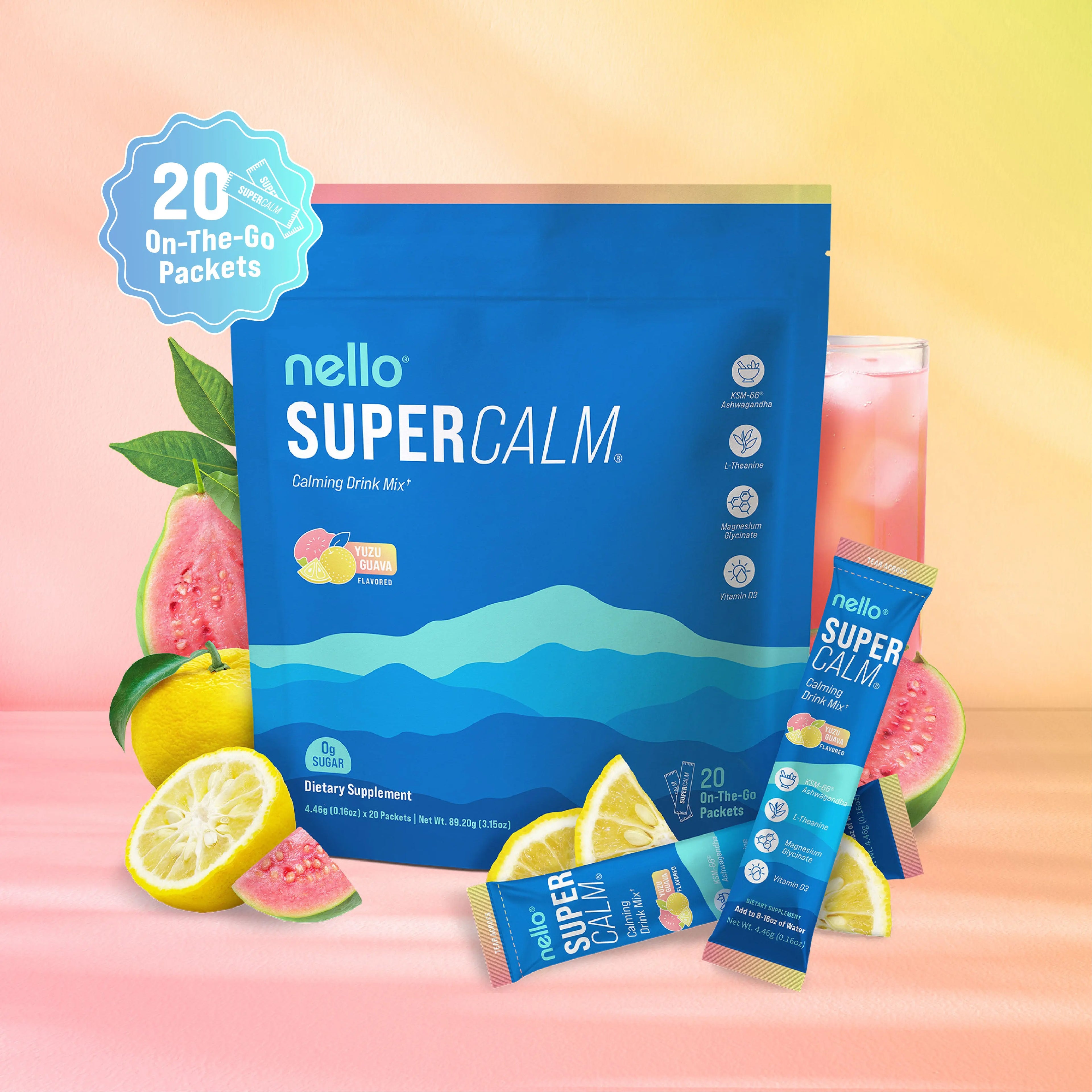 2-Piece Set Nello Supercalm Calming Drink Mix with KSM-66 Ashwagandha Vitamin D3 Magnesium & L-Theanine Supports Cortisol Balance Mood Sleep 20 Servings Travel Packets Dietary Supplement