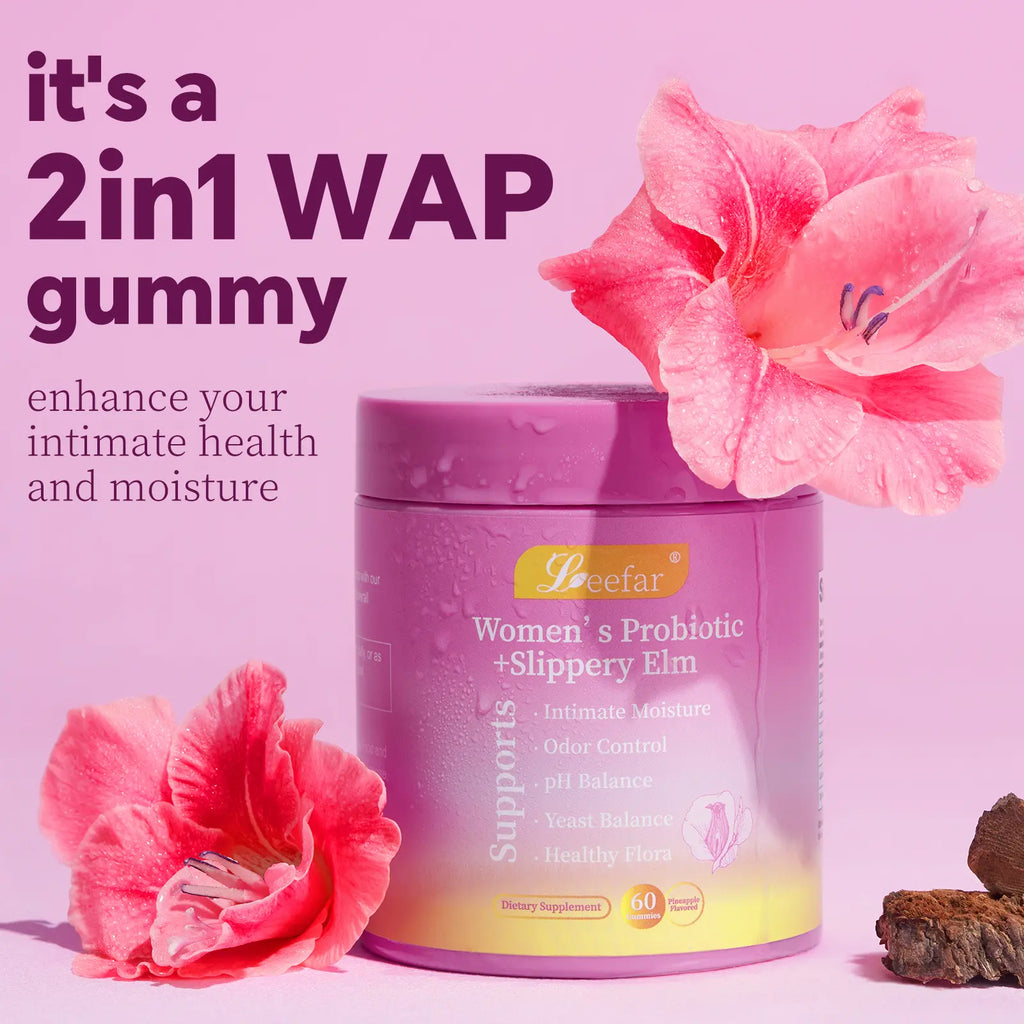 2-Piece Set LEEFAR Her Juicy Feminine Probiotics Gummies- All in One Solution with Slippery Elm and Prebiotics&Lactobacillus Probiotic Blend for Women’s pH Balance and Dryness - Hawaiian Pineapple Gummies 60 Count probiotics women