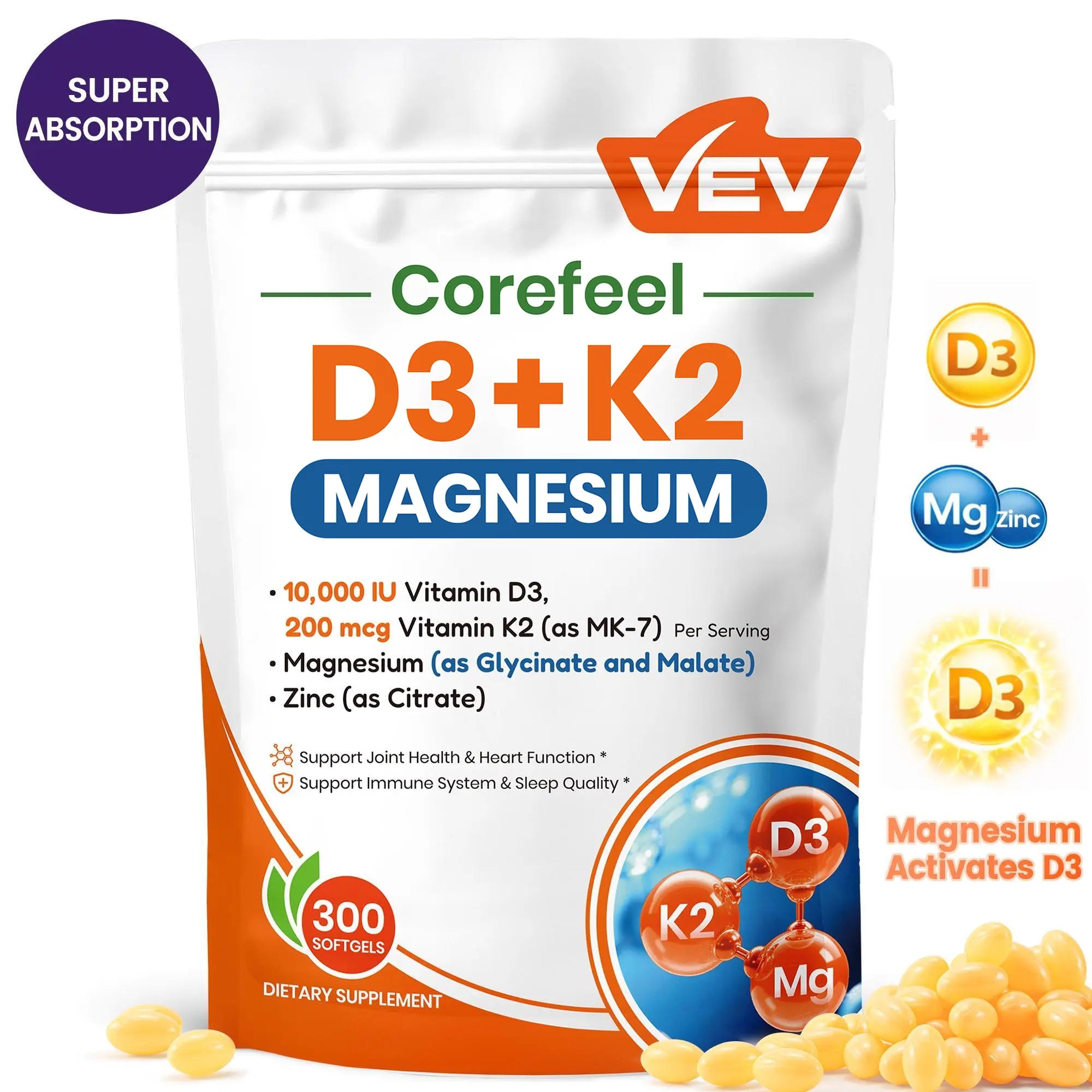 2-Piece Set VEV Corefeel Vitamin D3 K2 10000 IU, 300 Virgin Coconut Oil Softgels, 2 in 1 Vitamins Supplement D & K, Dietary Supplemental Pack, Mothersdaygift, Summervibes