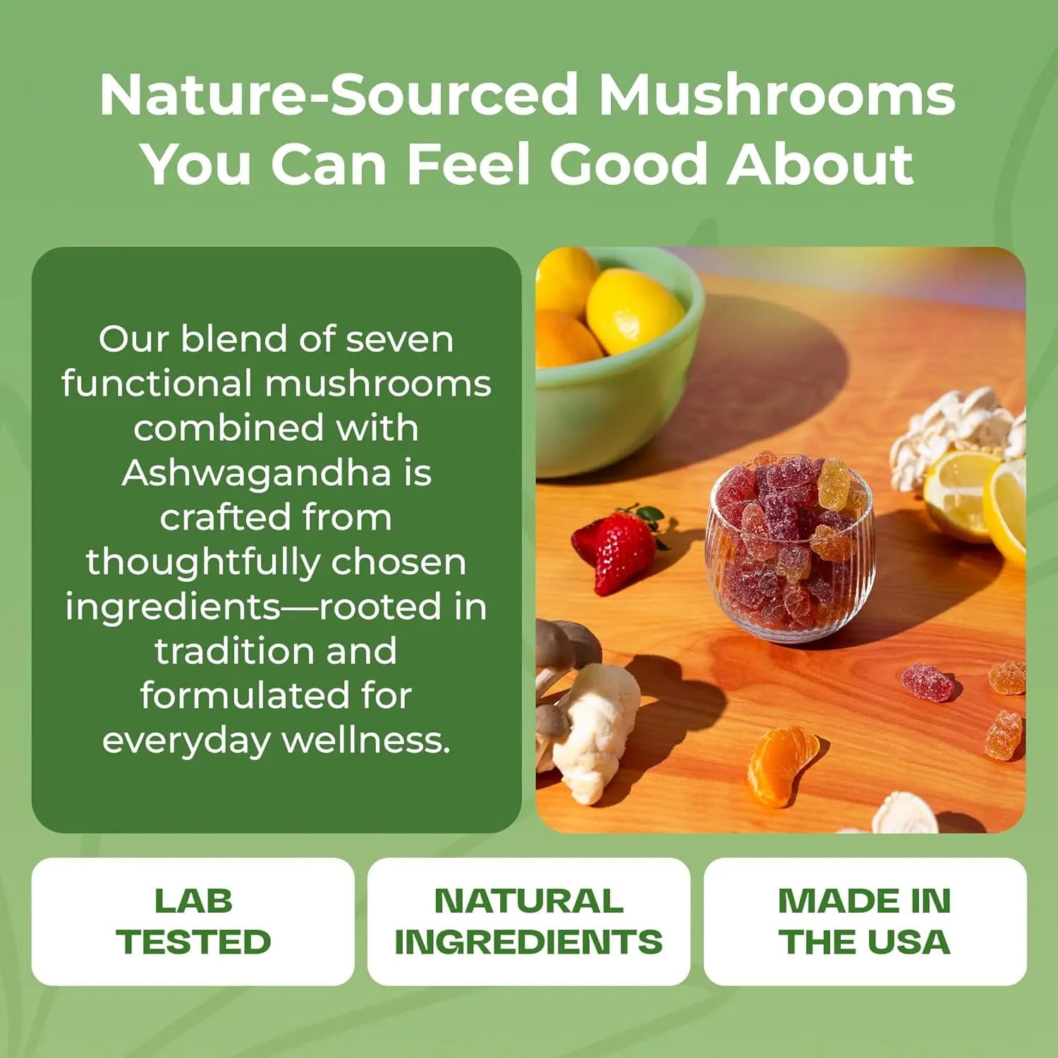 2-Piece Set Drops Of Nature Ashwagandha KSM-66, Reishi, Lions Mane, Shiitake, Cordyceps, Turkey Tail, Maitake, Chaga Supplement Gummies - Mixed Fruits, 80 Gummies