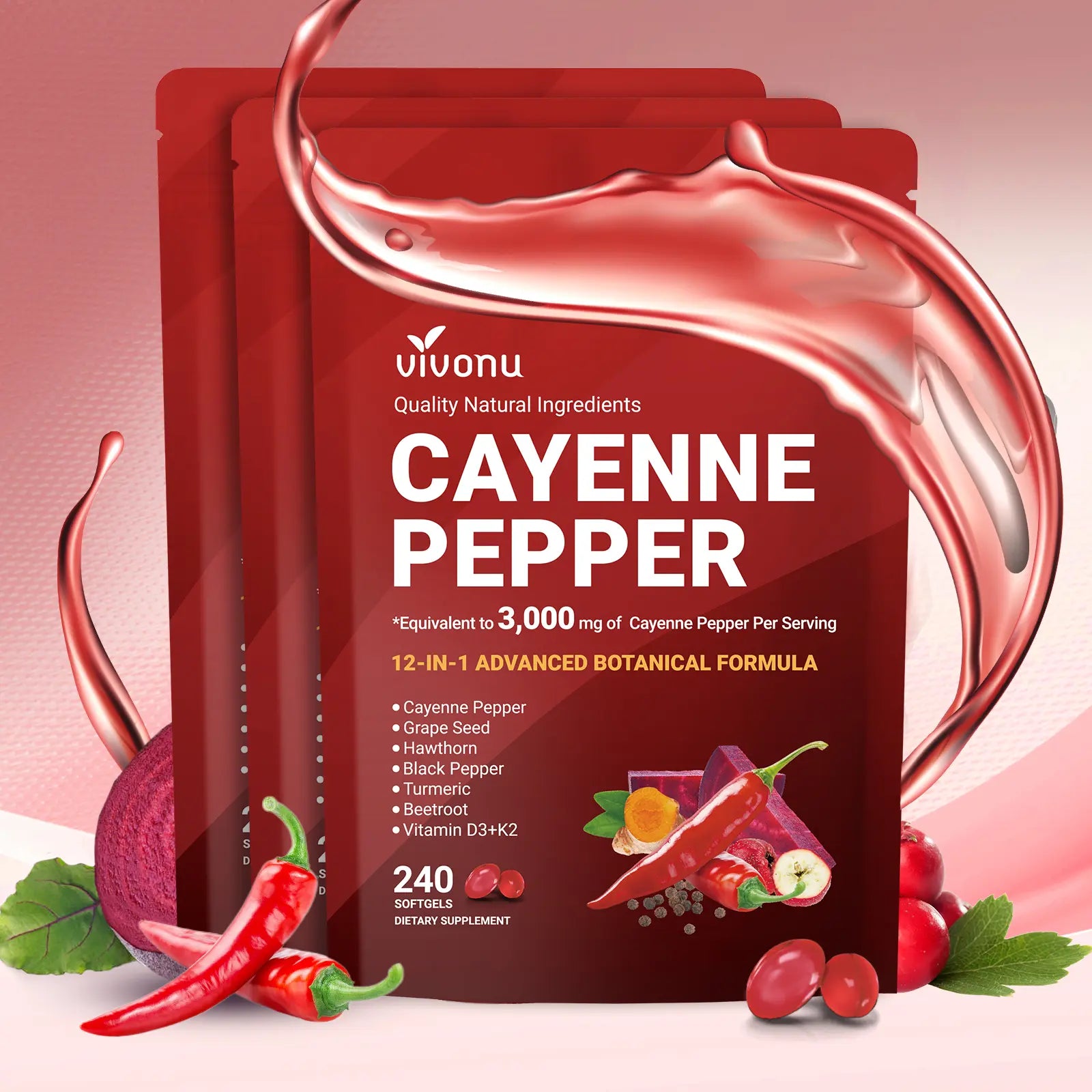 2-Piece Set Cayenne Pepper Softgels Supplement, Supports Leg Vein, Heart and Blood Vessel Health, with Vitamin E D3+K2 and Extracts of Grape Seed, Hawthorn, Beetroot and Others (240 Softge /1 Bag)