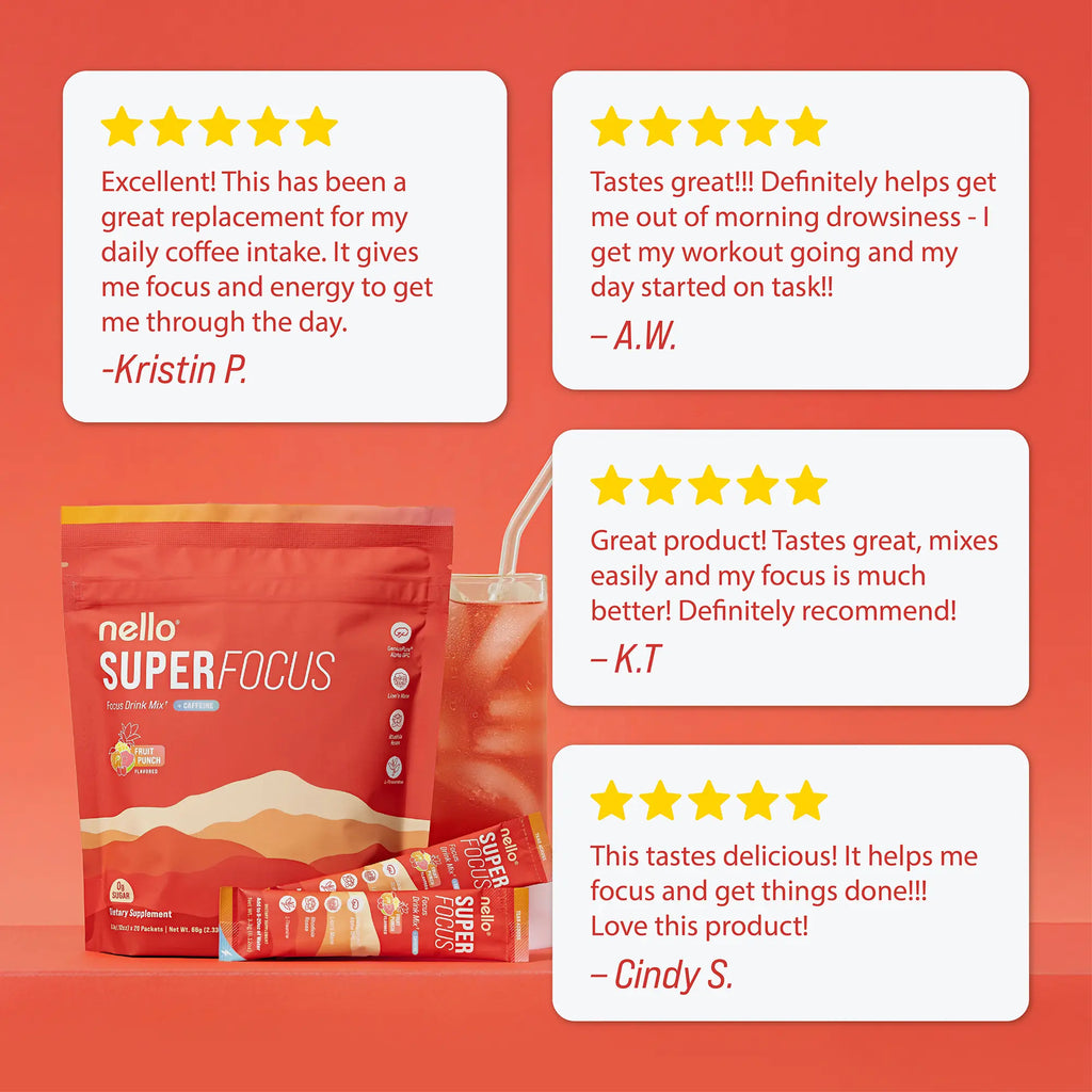 2-Piece Set Nello Superfocus – Nootropic Drink Mix with Lion’s Mane, Rhodiola & Alpha-GPC – Supports Memory, Brain Health & Mental Stamina, Enhances Clarity & Sharpness, Helps Fight Brain Fog – Travel Packets (20 Servings) Healthcare Convenient
