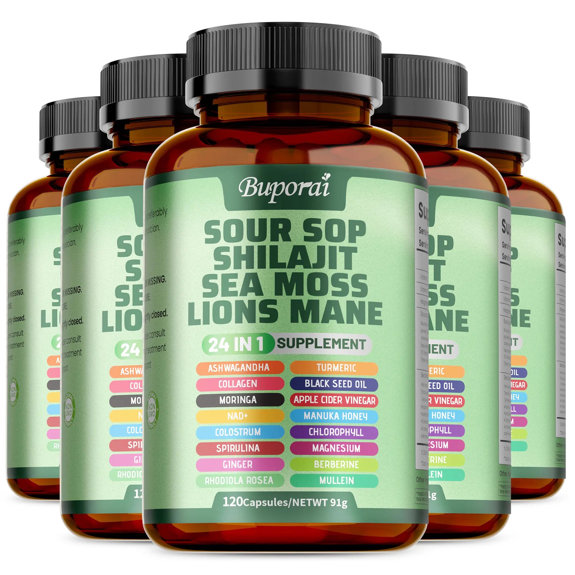 2-Piece Set Soursop Dietary Supplement, rich in antioxidants, 120 capsules per bottle, with added shiitake mushroom, seaweed, and lion's mane mushroom, 24 in 1, supports skin, joint, and bone health.