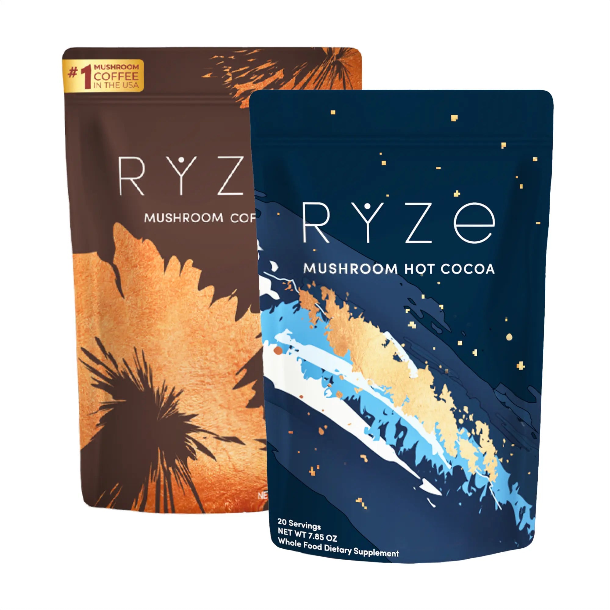 2-Piece Set RYZE SUPERFOODS Mushroom Medium Roast Coffee USDA Organic with 6 Adaptogenic Mushrooms, USA Grown Instant Coffee for Better Energy, Focus Digestion Immunity with Lions Mane & Turkey Tail 30 Servings