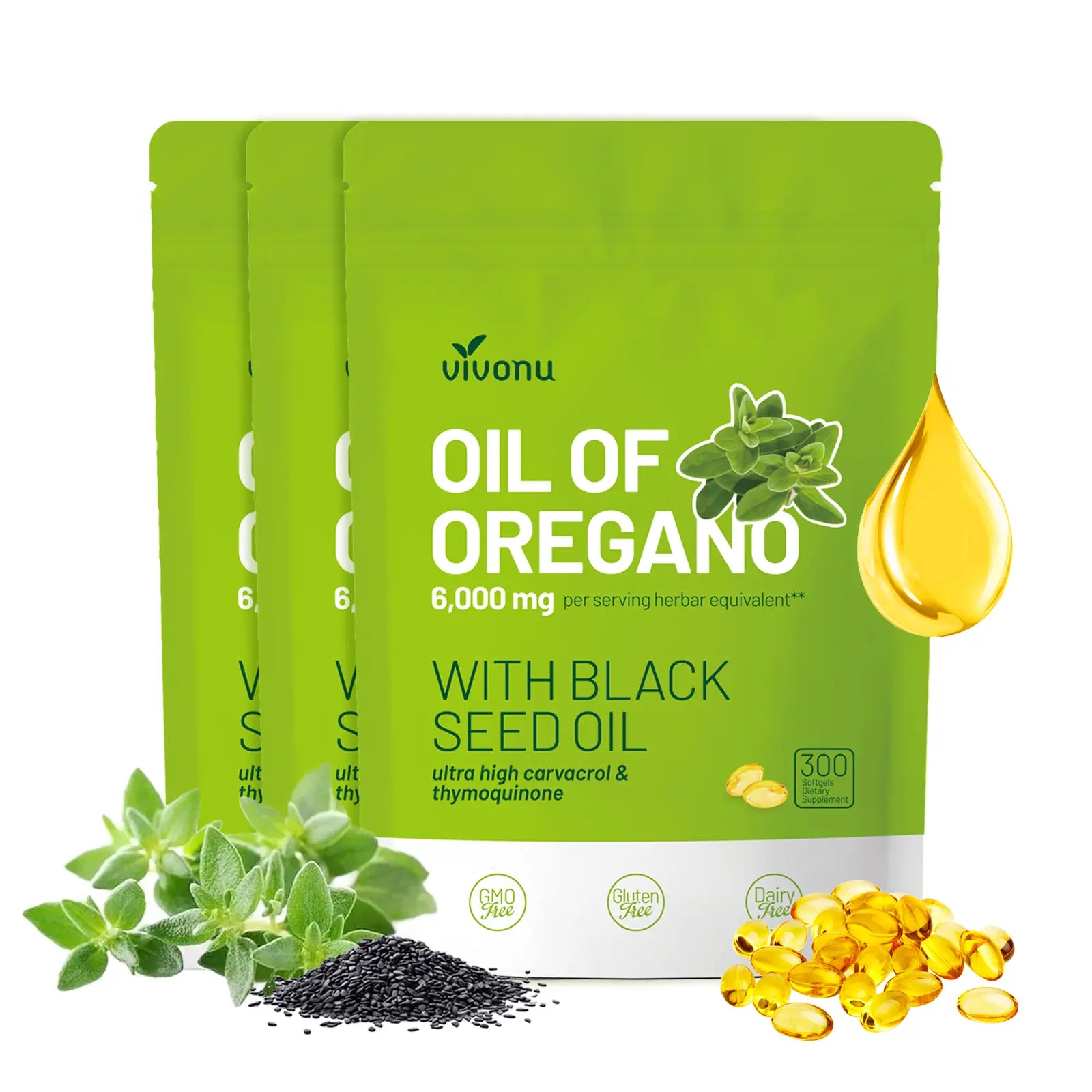 2-Piece Set VivoNu Organic Oregano Oil Capsules with Black Seed – 6000mg per Serving, 300 Softgels – Herbal Support for Wellness, Non-GMO, Gluten-Free