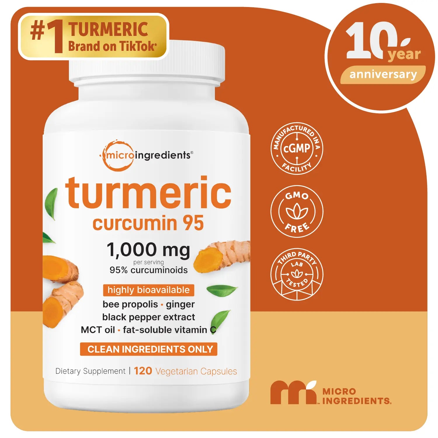 2-Piece Set Micro Ingredients Turmeric Curcumin 1,000mg | 95%25 Curcuminoids with Black Pepper & MCT Oil for Ultimate Absorption, No Filler, No GMO - 120 Vegetarian Capsules