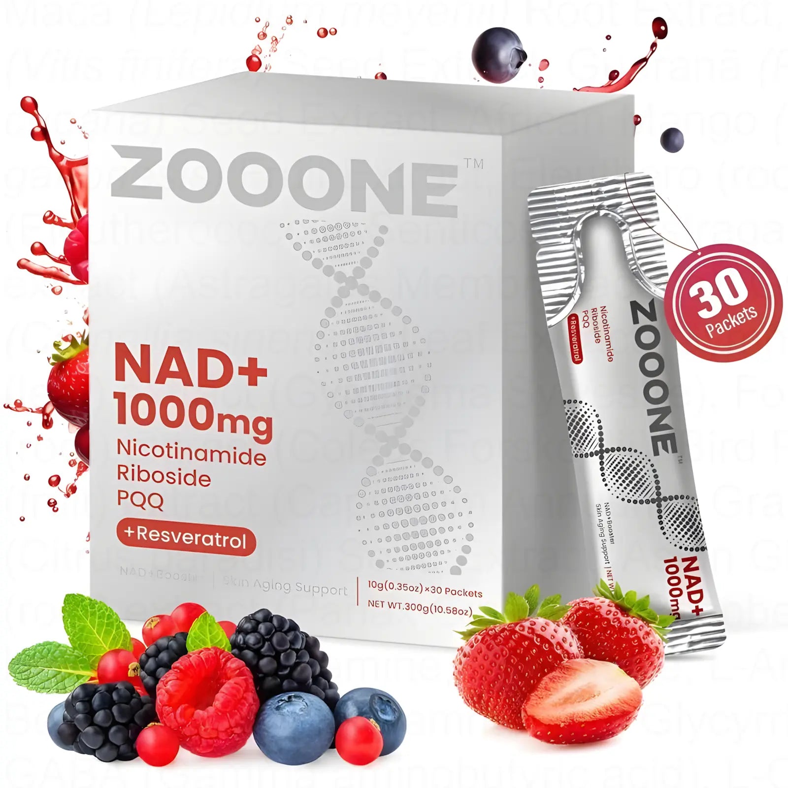 2-Piece Set ZOOONE NAD+ Drink Mix 1000mg, Berry Flavor | Nicotinamide Riboside & Resveratrol Supplement, DNA Repair, Anti-Aging for Skin, Boost Cellular Energy & Focus, 30 Packets for Men & Women
