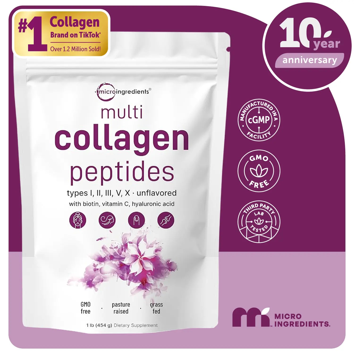 2-Piece Set Micro Ingredients Multi Collagen Peptides Powder - Hydrolyzed Protein Peptides (Type I,II,III,V,X) with Hyaluronic Acid, Biotin & Vitamin C Unflavored