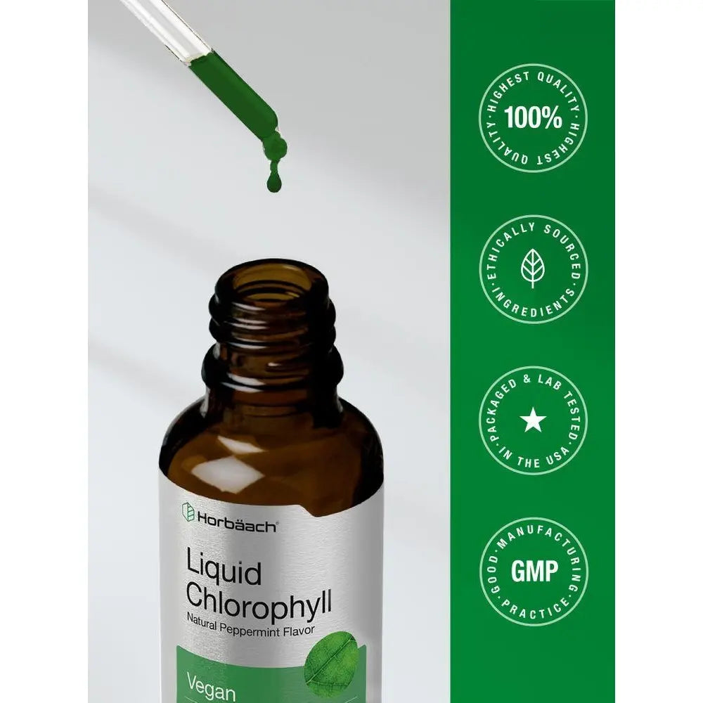 2-Piece Set Horbäach Liquid Chlorophyll Drops - 2 oz - Vegan, Non-GMO, and Gluten Free Formula - Natural Peppermint Flavor