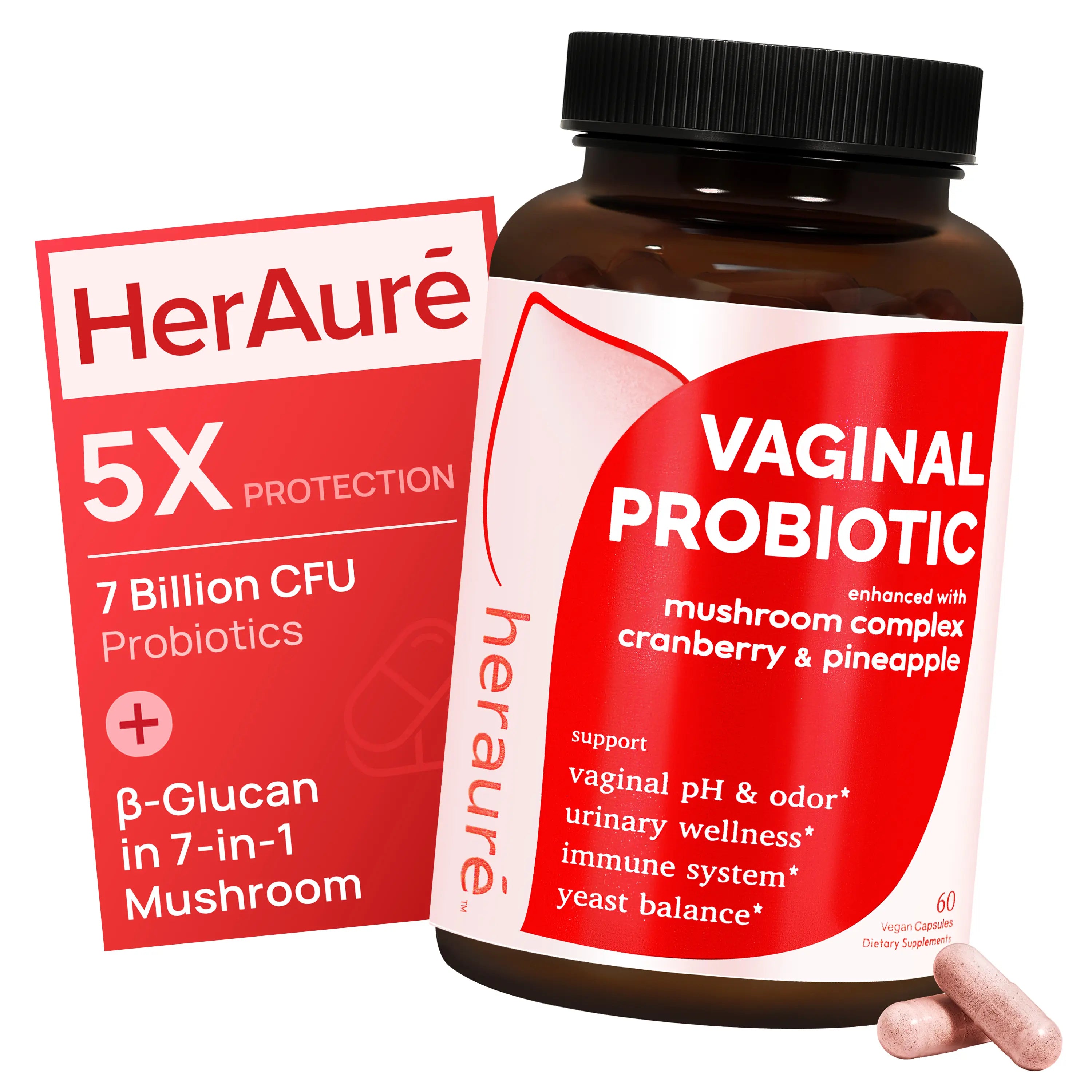 2-Piece Set HerAuré Women’s Probiotics - pH Balance, Odor Control, Flora Health, Moistening, Tightening - With 7 Billion CFU Probiotic, Prebiotic, 7-in-1 Mushroom Blend, Cranberry, Pineapple - 60 Capsules (Pack of 1), Self-Care Gift,mothersdaygift