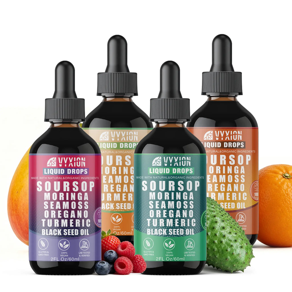 2-Piece Set VYXION Pure Soursop 10 in 1 Liquid Drops Extract - Seamoss,Moringa,Black Seed Oil,Turmeric,Oregano Liquid Drops for Immune System and Gut Health Support