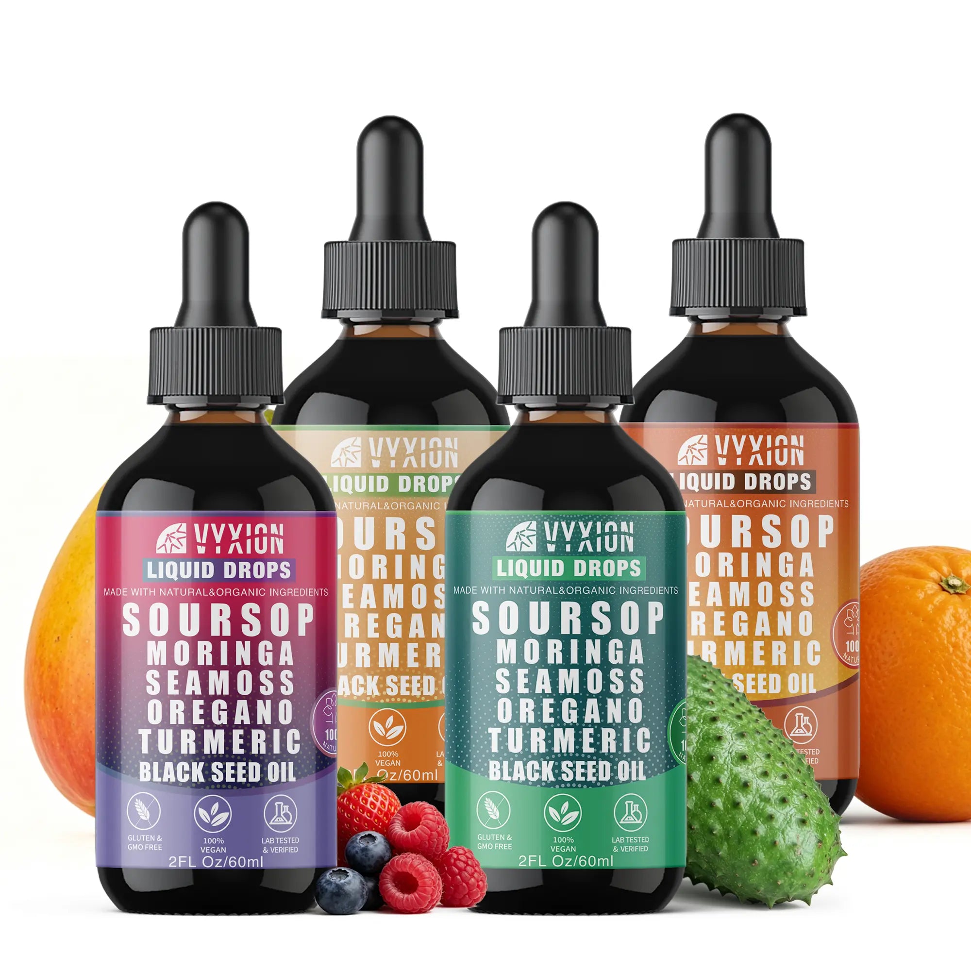 2-Piece Set VYXION Pure Soursop 10 in 1 Liquid Drops Extract - Seamoss,Moringa,Black Seed Oil,Turmeric,Oregano Liquid Drops for Immune System and Gut Health Support