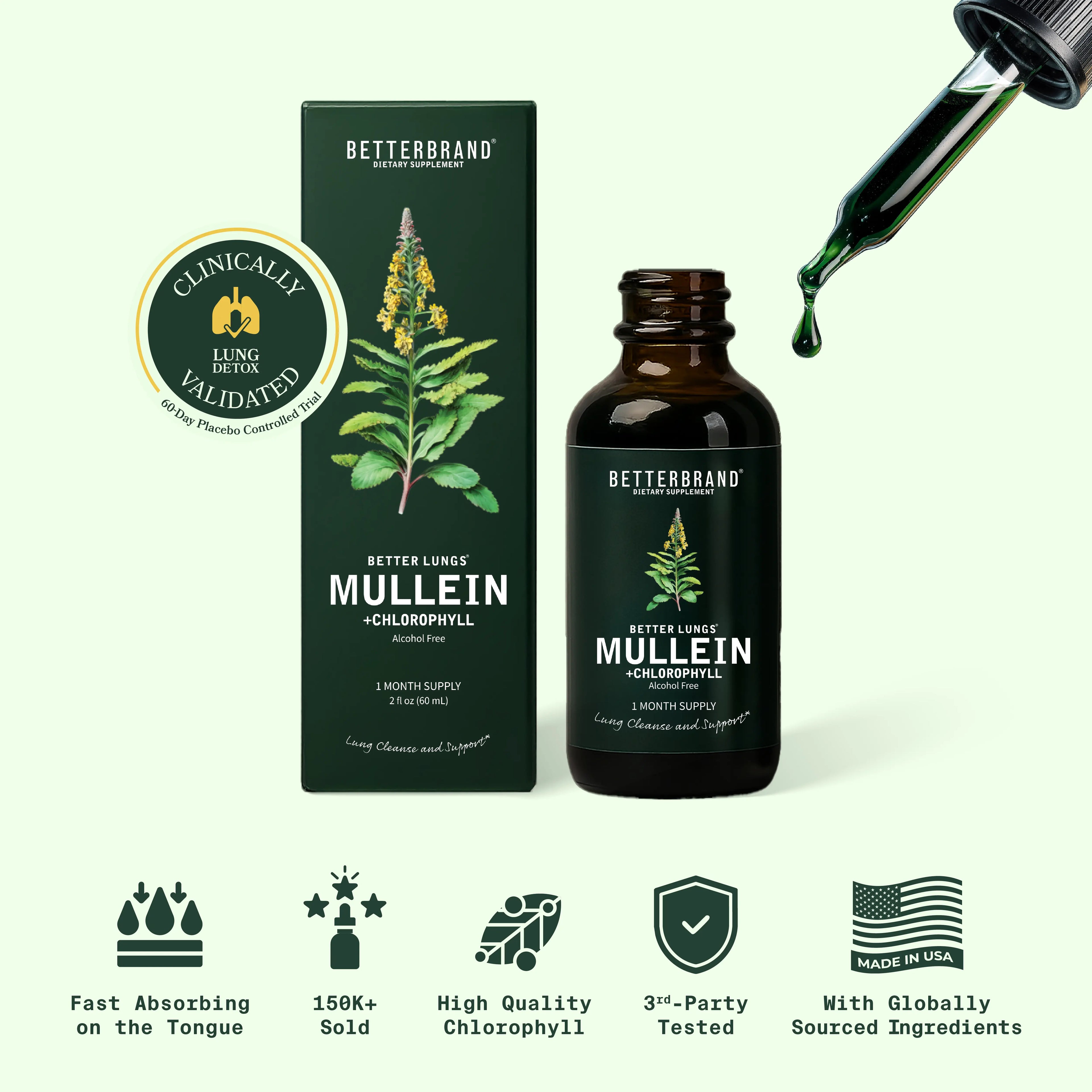 2-Piece Set Betterbrand Mullein Leaf & Chlorophyll Drops for Lung Detox & Mucus Cleanse - 30 Servings - Clinically Studied Natural Liquid Herbal Supplement for Respiratory Wellness