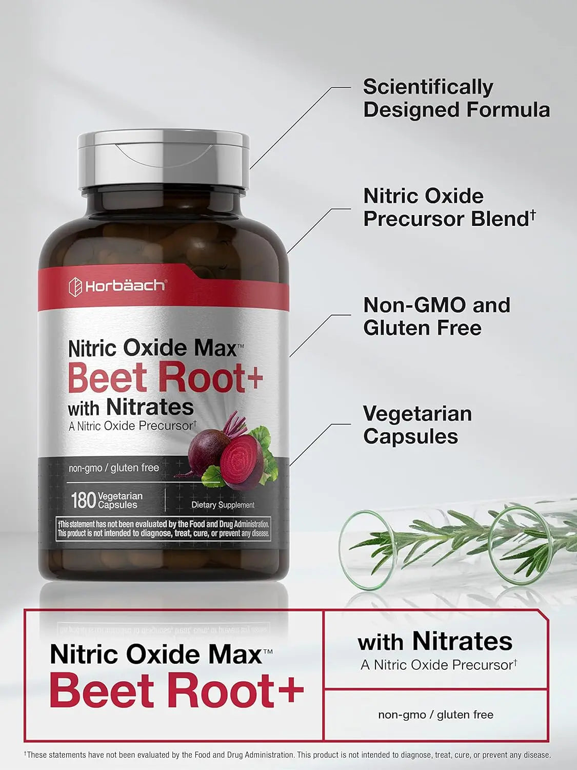2-Piece Set Horbäach Nitric Oxide Beet Root Capsules | 180 Count | with Nitrates and Precursor | for Men and Women | Vegetarian, Non-GMO, Gluten Free Supplement