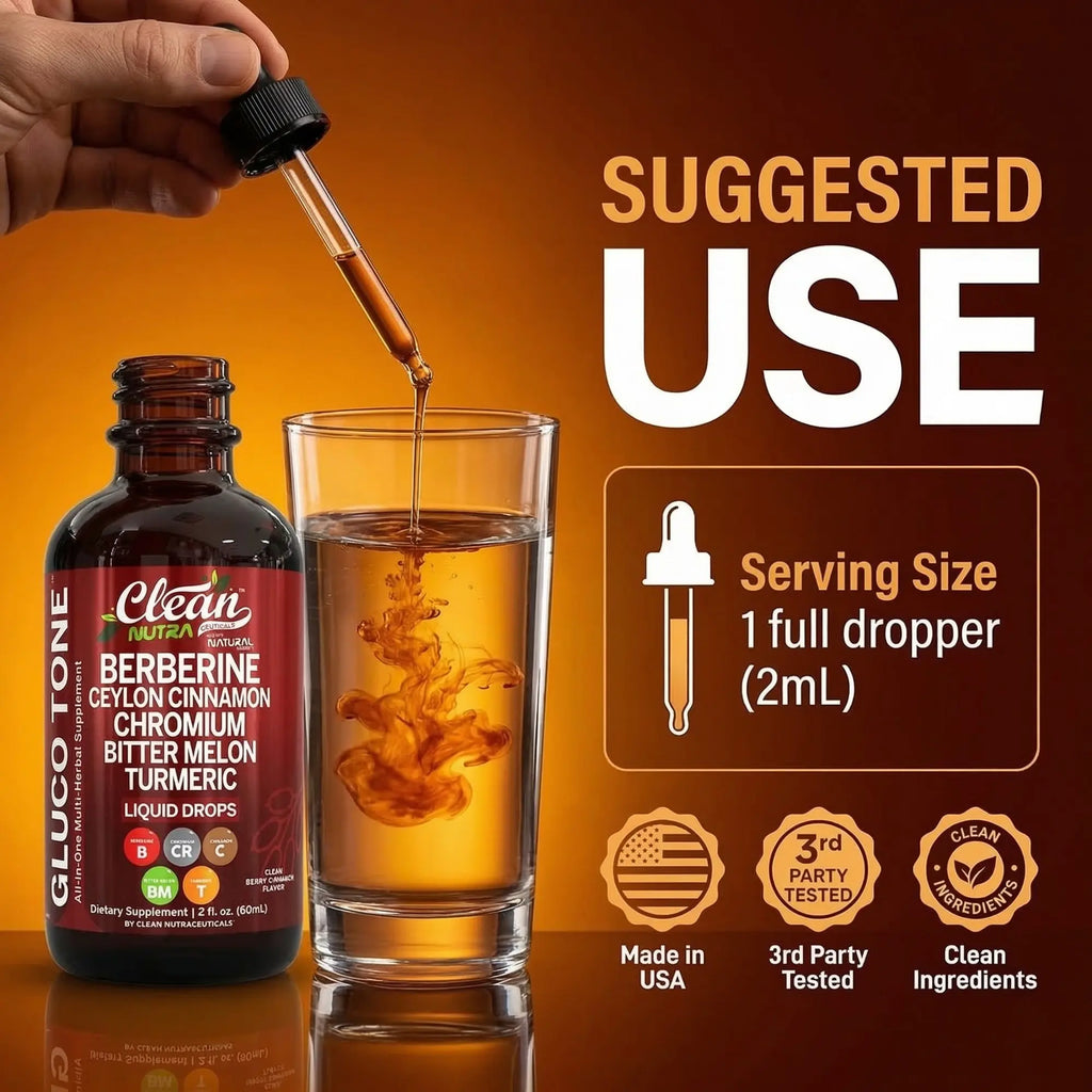 2-Piece Set Clean Nutra Berberine, Ceylon Cinnamon, Chromium, Bitter Melon, Turmeric, Glucomannan, Gymnema & More for Natural Wellness Liquid Drop – Gluco Tone