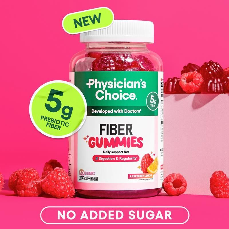 2-Piece Set Physician’s Choice Fiber Gummies for Digestive Health & Regularity - Raspberry Lemon Flavor - No Sugar Added & Vegan - Daily Gummy for Adults