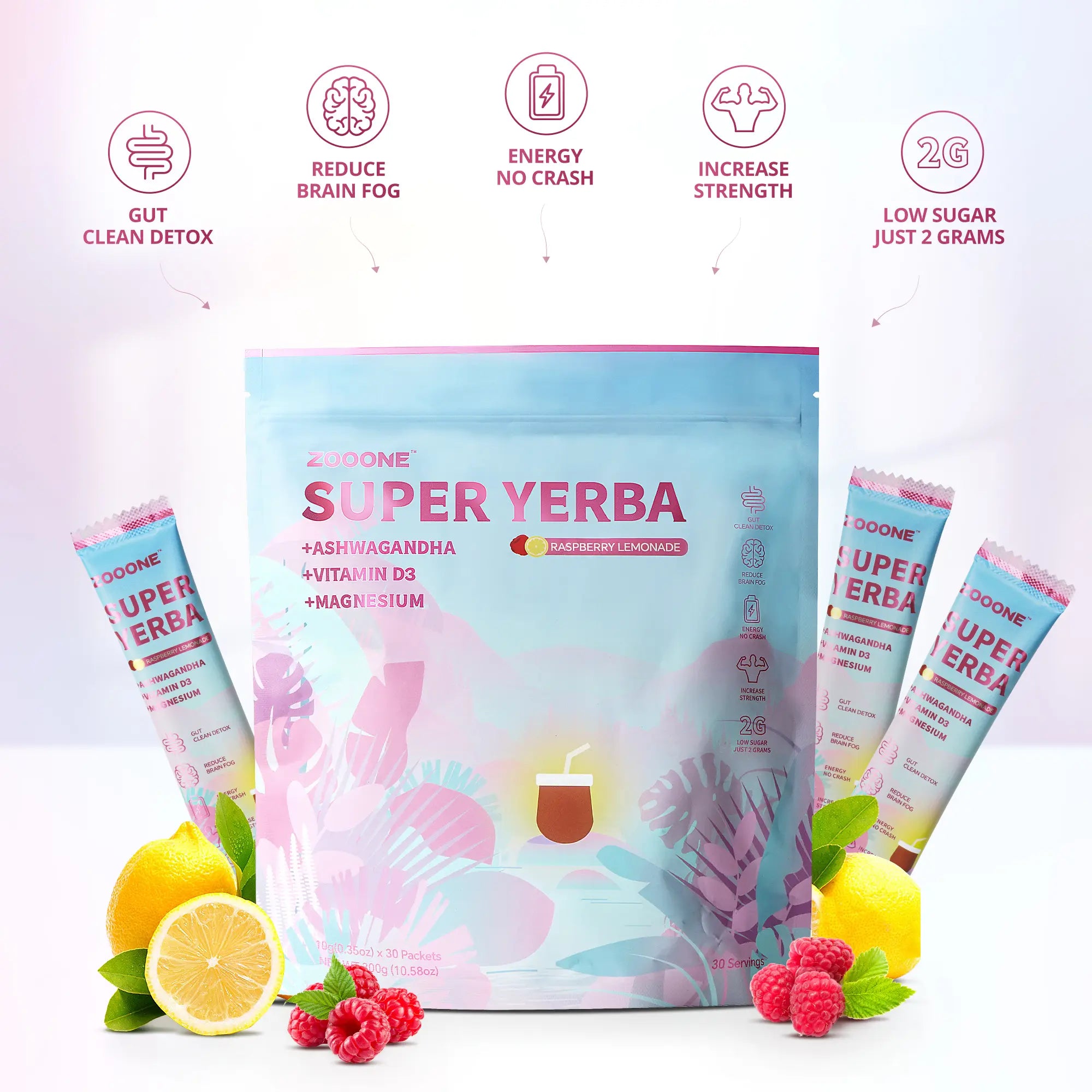 2-Piece Set ZOOONE Super Yerba | Yerba Mate Instant Drink Powder |  RASPBERRY LEMONADE Flavor | 30 Servings